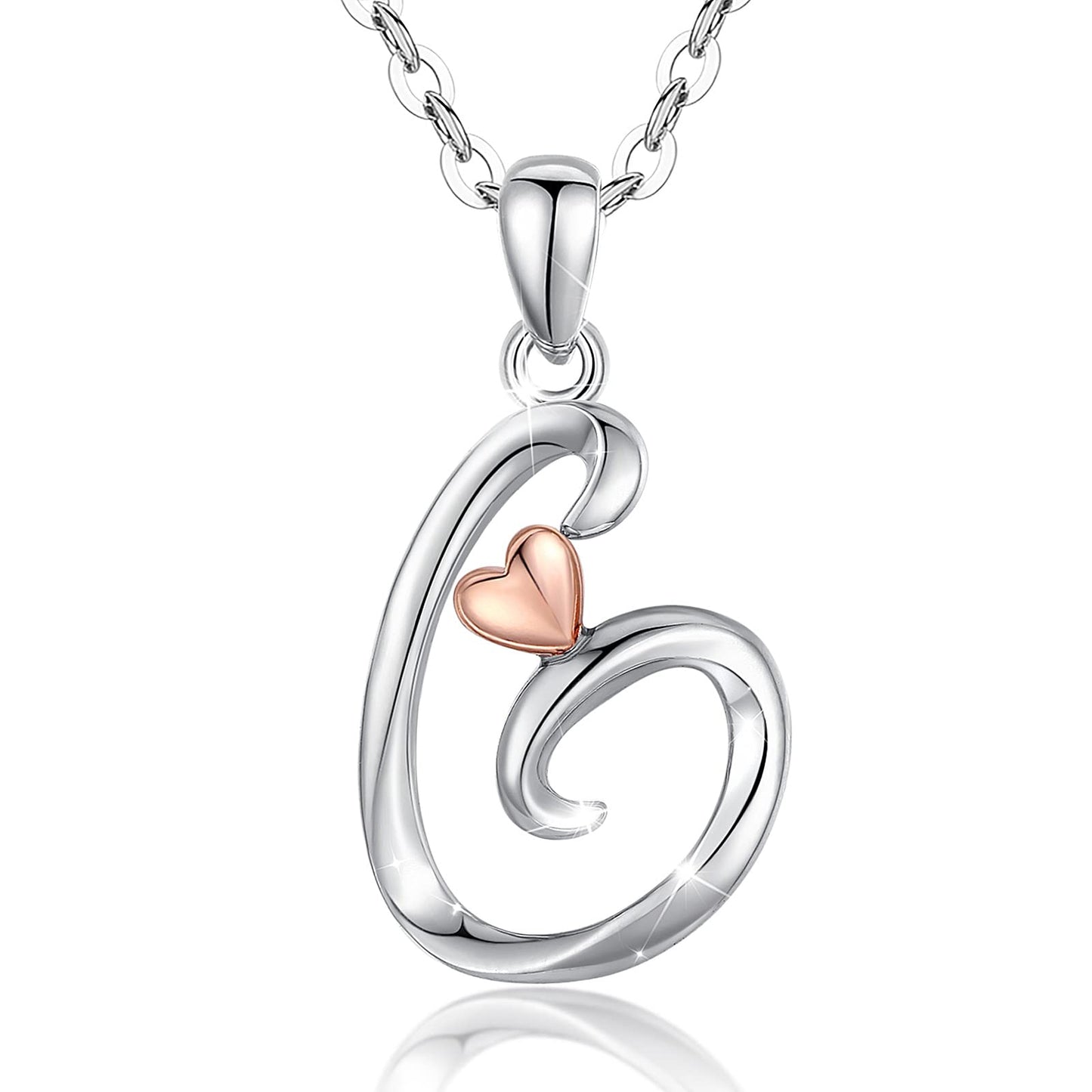 CELESTIA Sterling Silver Initial Necklaces 26 Letter Pendant with Rose Gold Heart - 18 Inch Chain