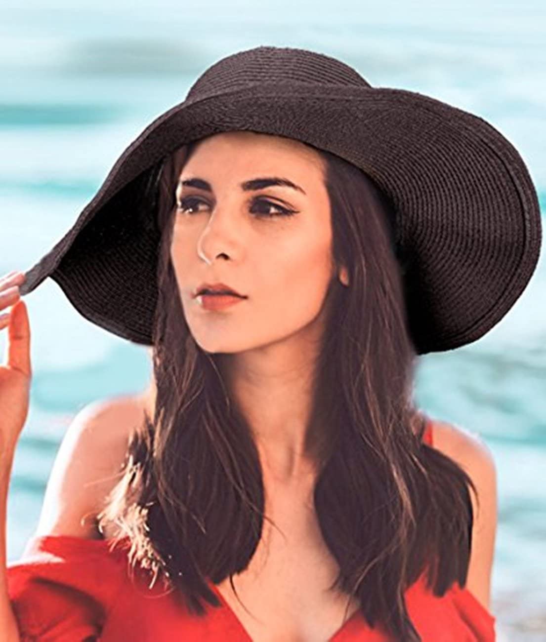 Baonmy Women’s Ridge Wide Brim Sun Hat Beachwear Summer Straw Hat