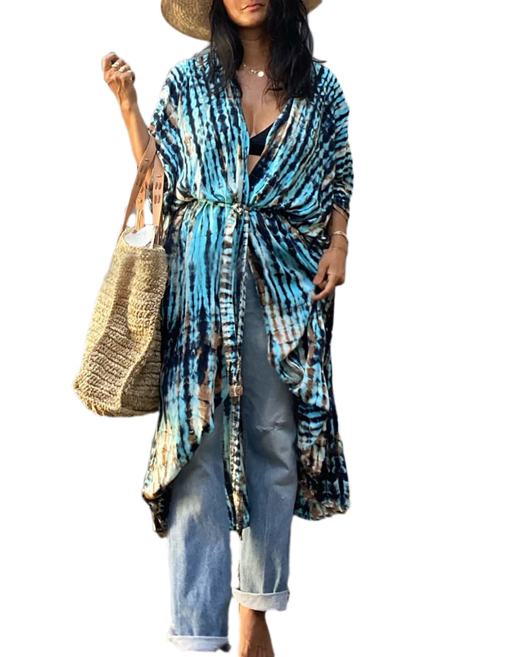 Bsubseach Stylish Tie Dye Open Front Long Kimono Swimsuit Cover up for Women