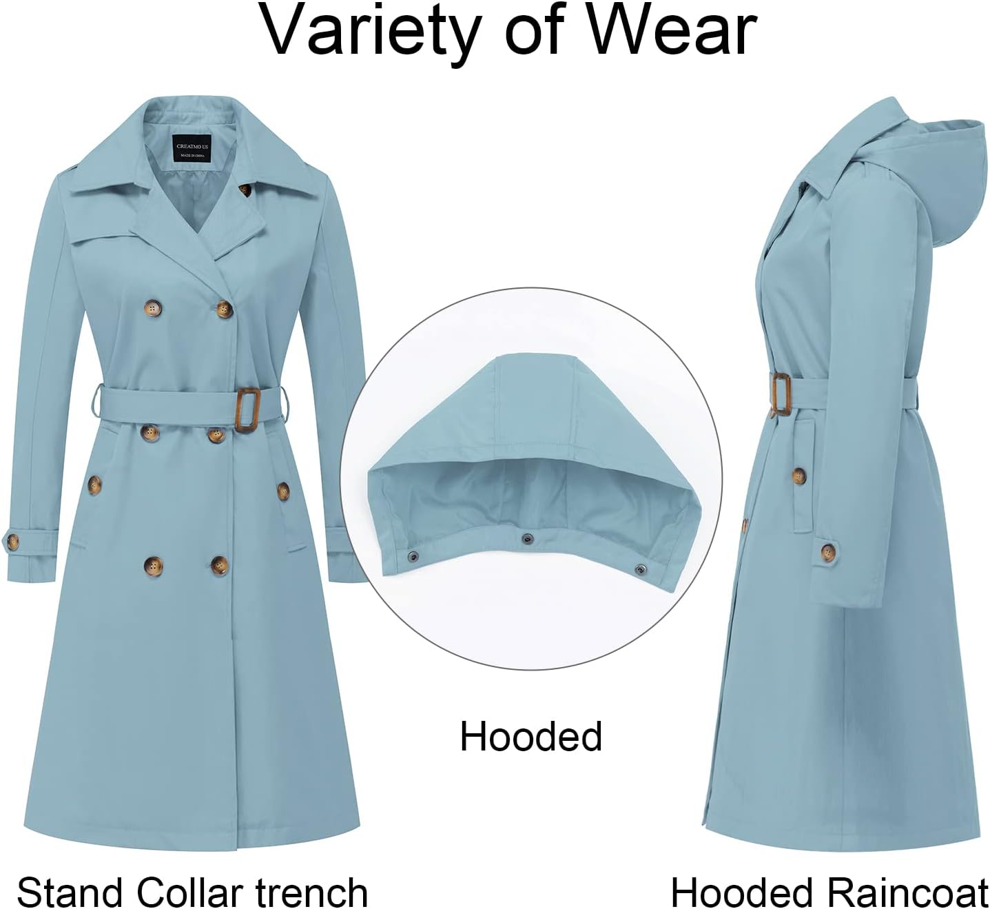 CREATMO US Women's Long Trench Coat Double-Breasted Classic Lapel Overcoat Belted Slim Outerwear Coat with Detachable Hood