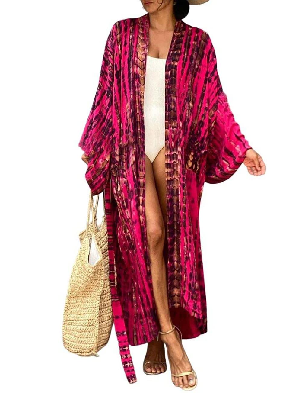 Bsubseach Stylish Tie Dye Open Front Long Kimono Swimsuit Cover up for Women