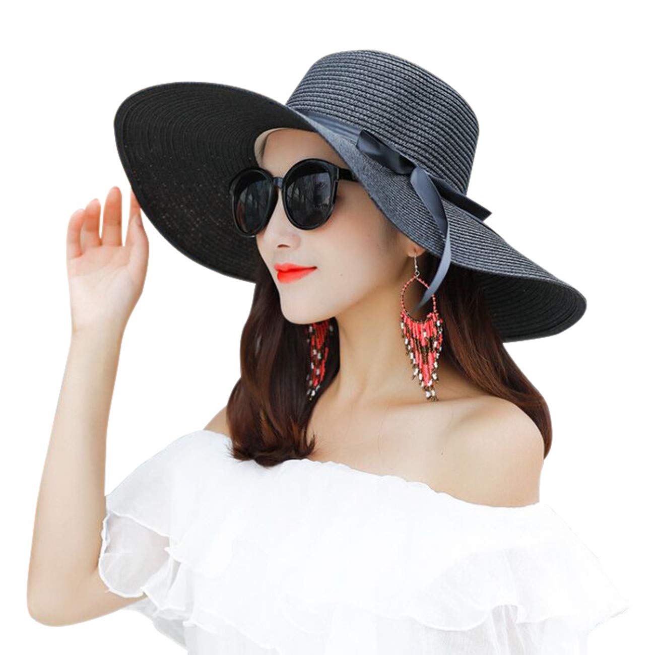 Baonmy Women’s Ridge Wide Brim Sun Hat Beachwear Summer Straw Hat