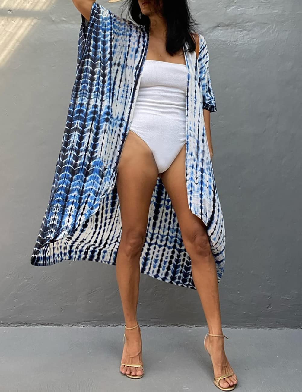 Bsubseach Stylish Tie Dye Open Front Long Kimono Swimsuit Cover up for Women