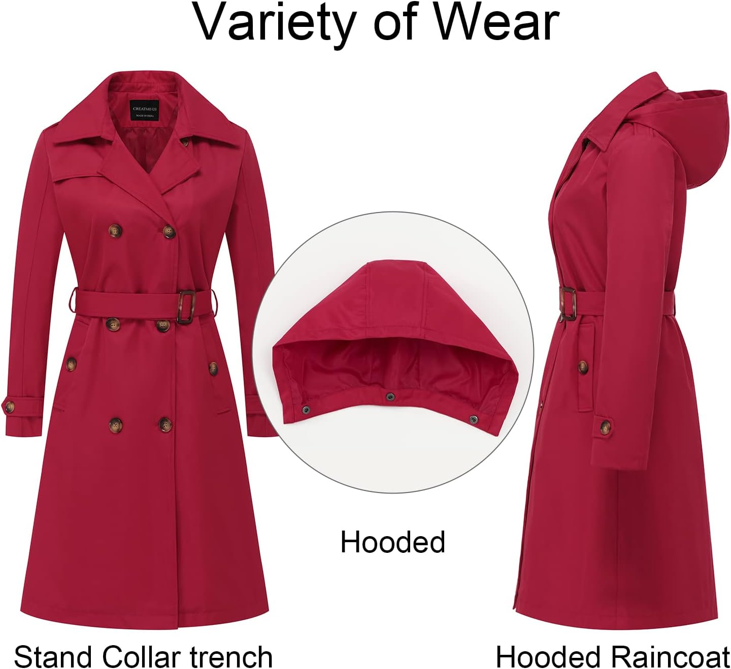 CREATMO US Women's Long Trench Coat Double-Breasted Classic Lapel Overcoat Belted Slim Outerwear Coat with Detachable Hood