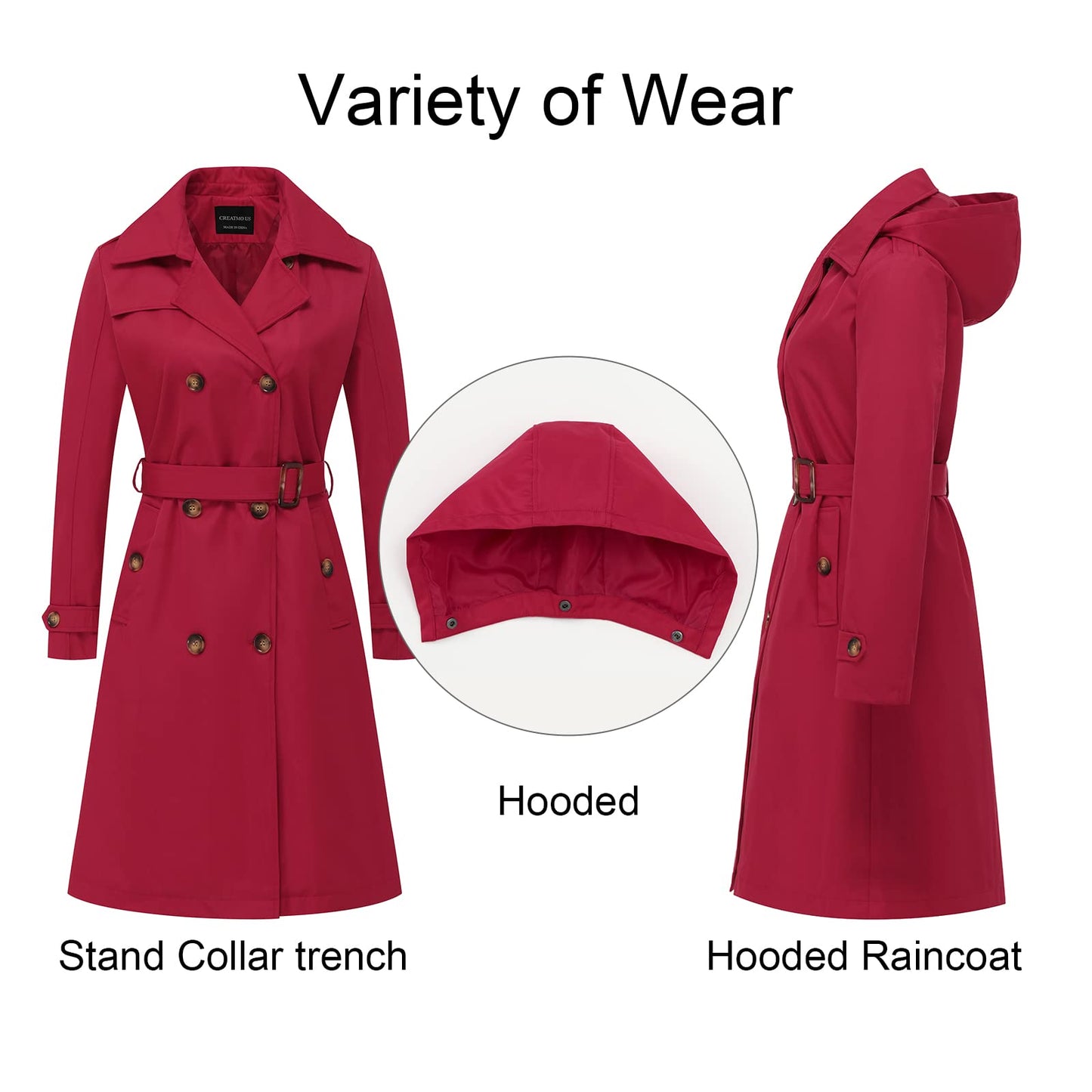 CREATMO US Women's Long Trench Coat Double-Breasted Classic Lapel Overcoat Belted Slim Outerwear Coat with Detachable Hood