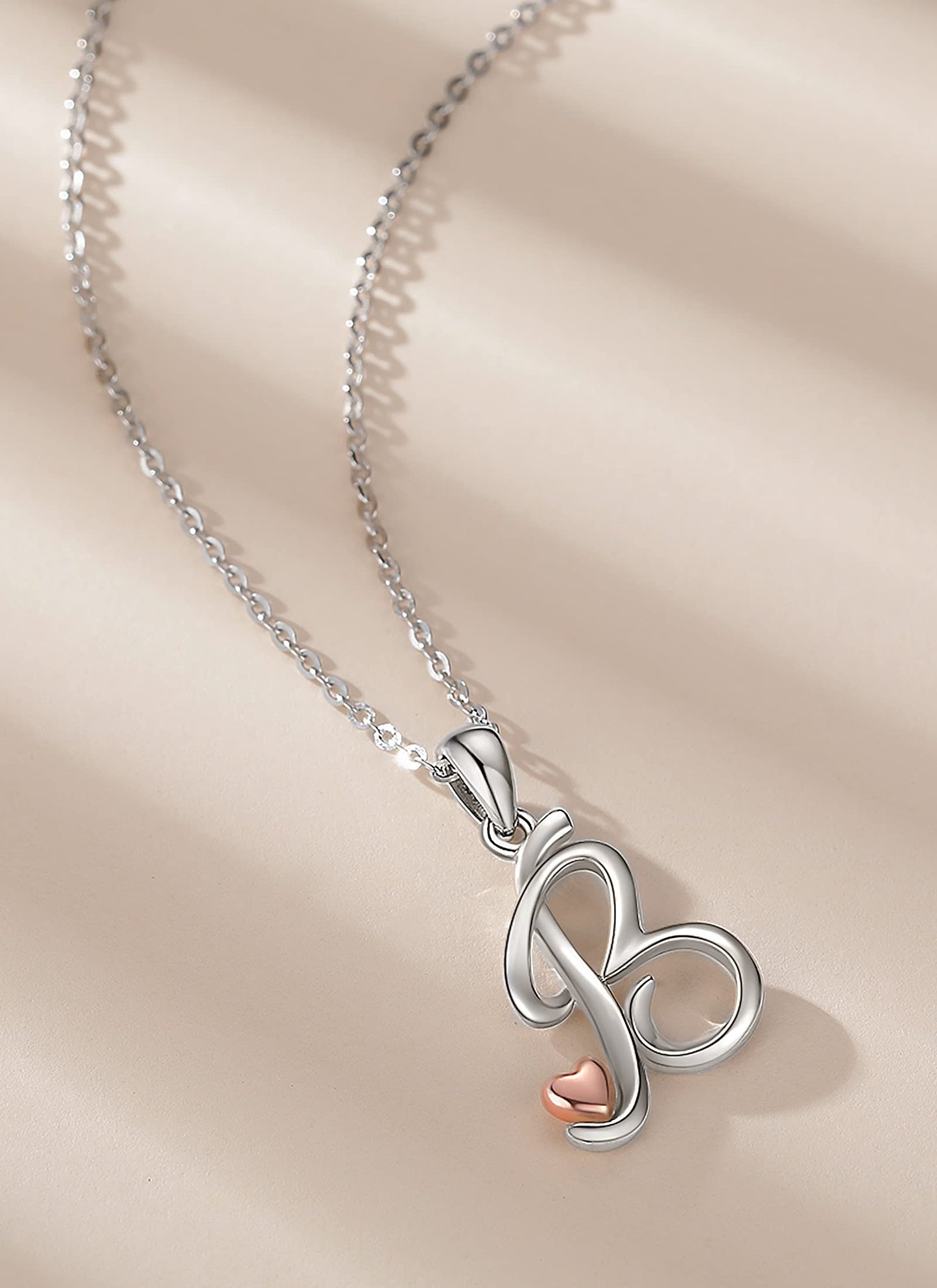 CELESTIA Sterling Silver Initial Necklaces 26 Letter Pendant with Rose Gold Heart - 18 Inch Chain