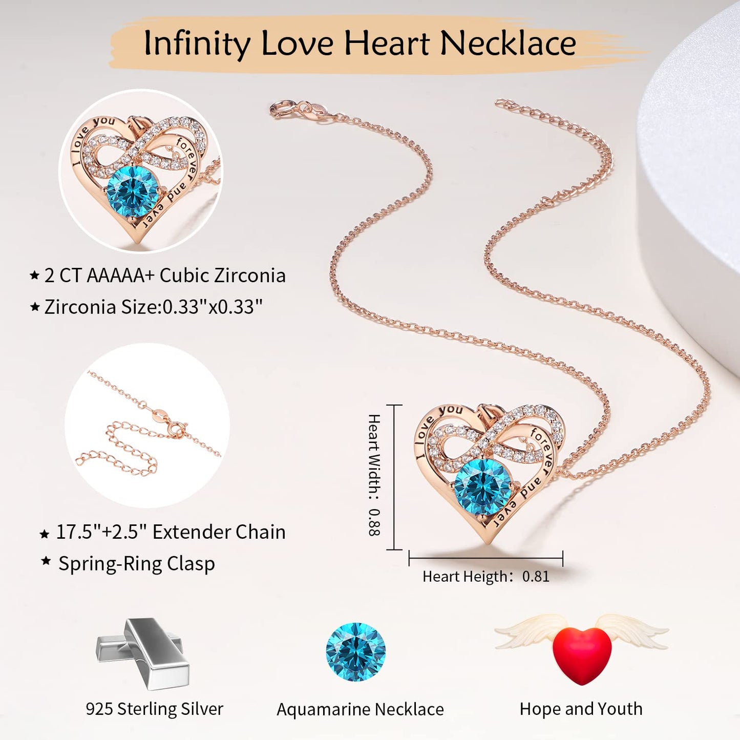 Momlovu Birthstone Necklaces for Women - Infinity Heart necklaces 925 Sterling Silver with 2 Carat (8MM) CZ Diamond, Mothers Day Christmas Birthday Wedding Jewelry Gifts for Women Wife Girls Her