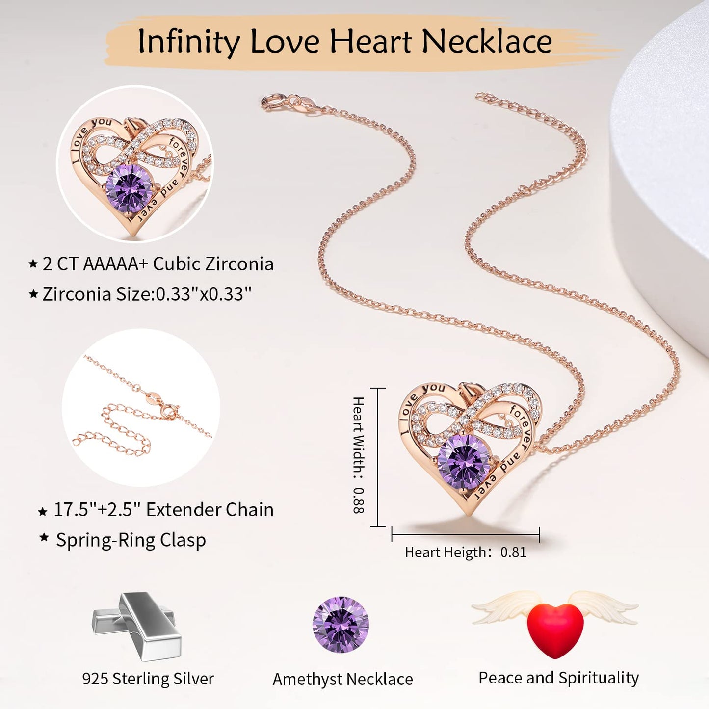 Momlovu Birthstone Necklaces for Women - Infinity Heart necklaces 925 Sterling Silver with 2 Carat (8MM) CZ Diamond, Mothers Day Christmas Birthday Wedding Jewelry Gifts for Women Wife Girls Her