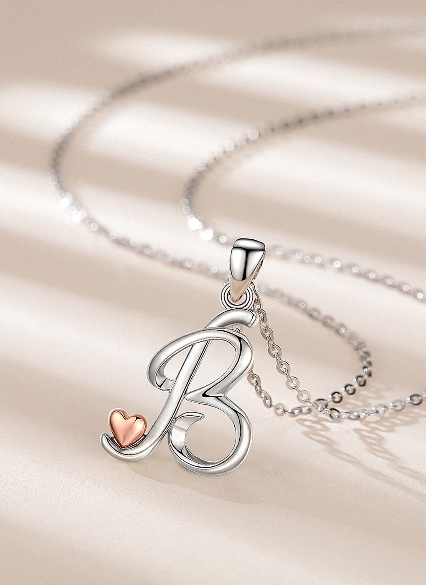 CELESTIA Sterling Silver Initial Necklaces 26 Letter Pendant with Rose Gold Heart - 18 Inch Chain