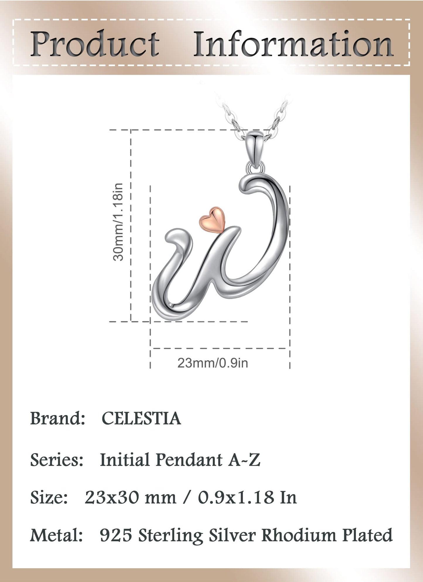 CELESTIA Sterling Silver Initial Necklaces 26 Letter Pendant with Rose Gold Heart - 18 Inch Chain