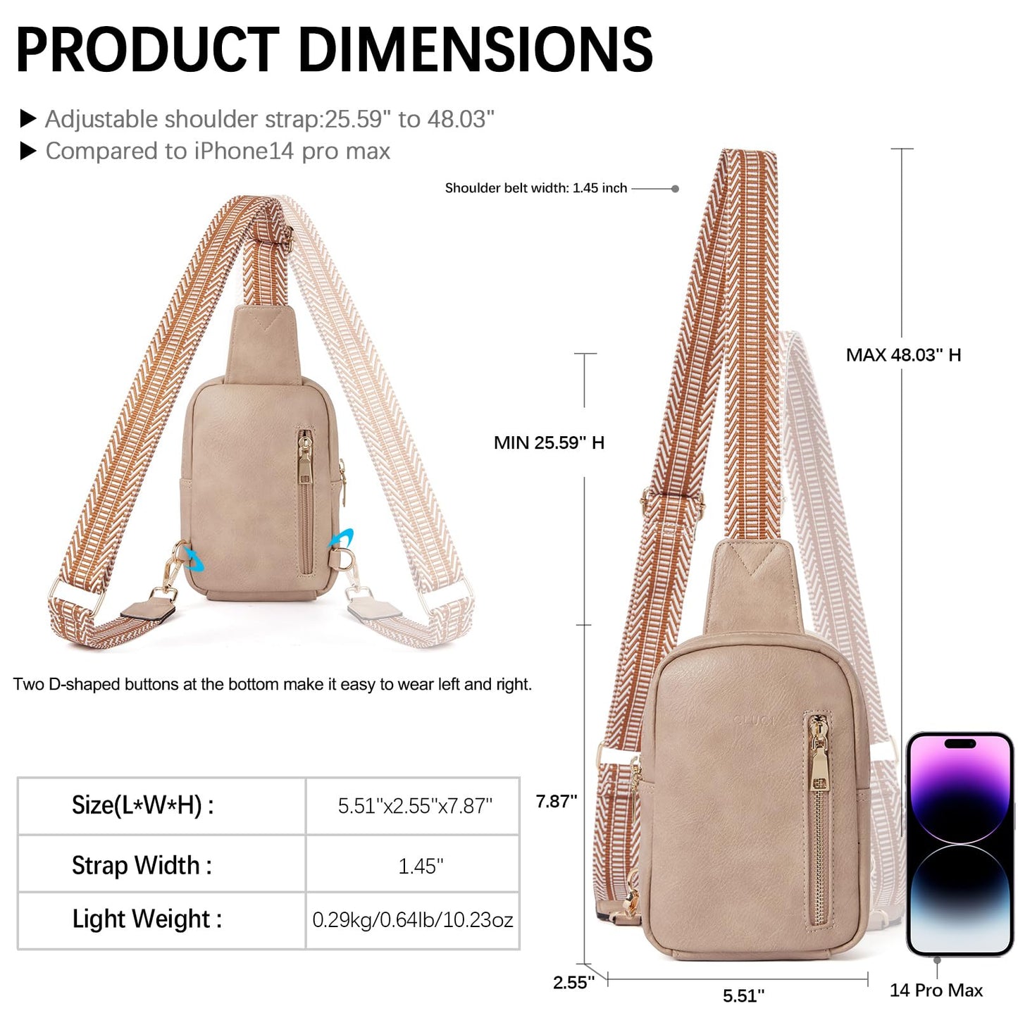 CLUCI Sling Bag Women Fanny Pack Crossbody Bag for Women Fashion Waist Pack with Guitar Strap Beige with Brown