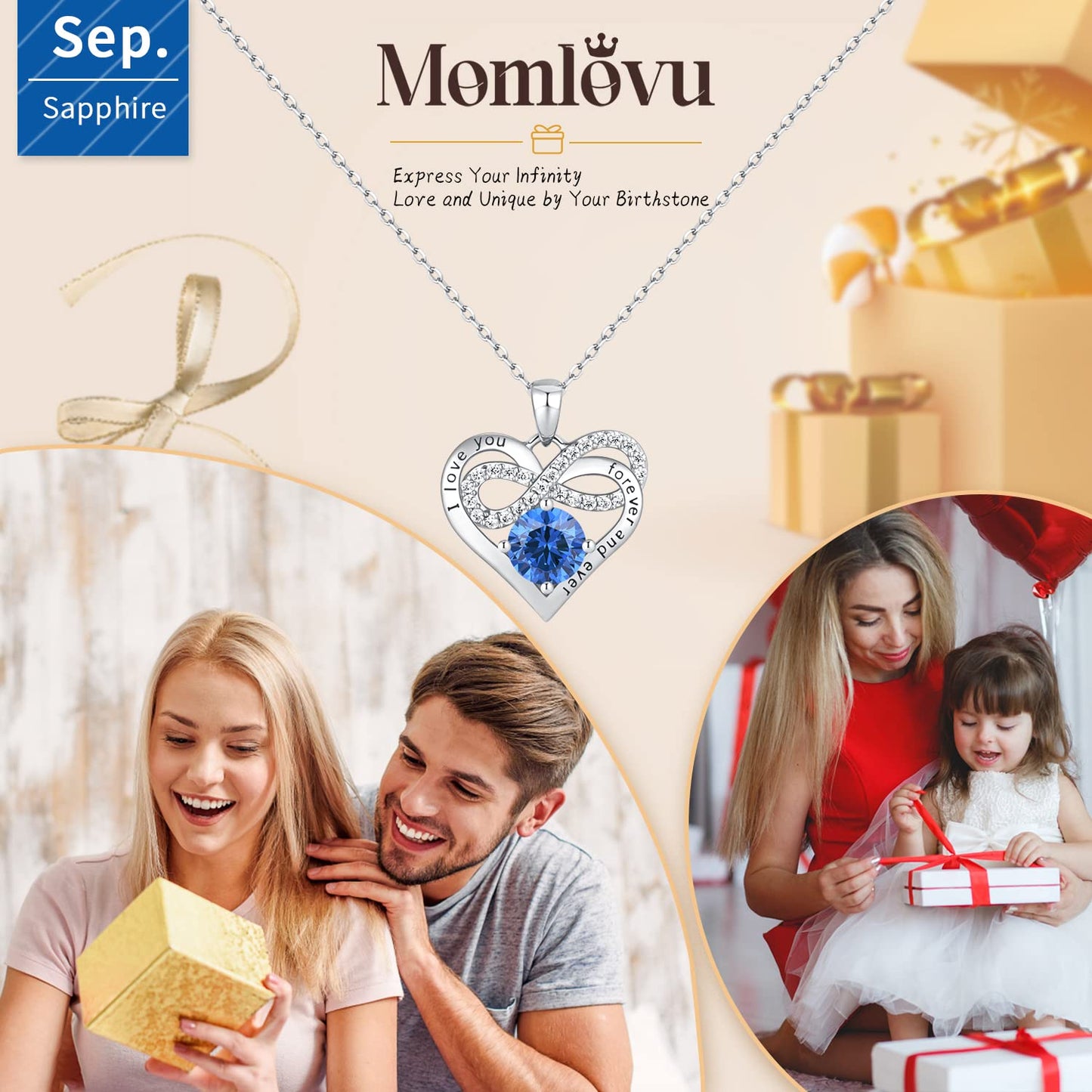 Momlovu Birthstone Necklaces for Women - Infinity Heart necklaces 925 Sterling Silver with 2 Carat (8MM) CZ Diamond, Mothers Day Christmas Birthday Wedding Jewelry Gifts for Women Wife Girls Her