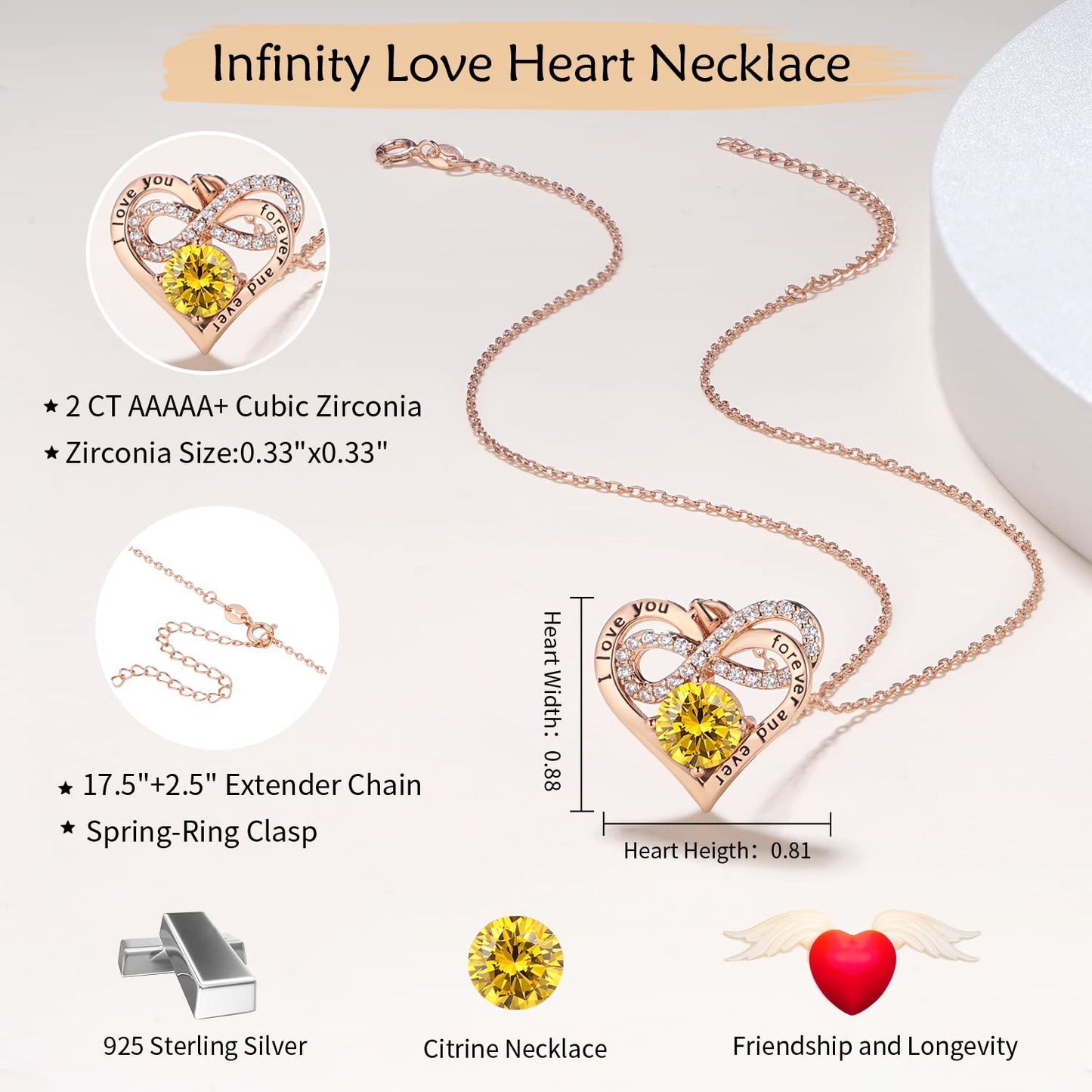 Momlovu Birthstone Necklaces for Women - Infinity Heart necklaces 925 Sterling Silver with 2 Carat (8MM) CZ Diamond, Mothers Day Christmas Birthday Wedding Jewelry Gifts for Women Wife Girls Her