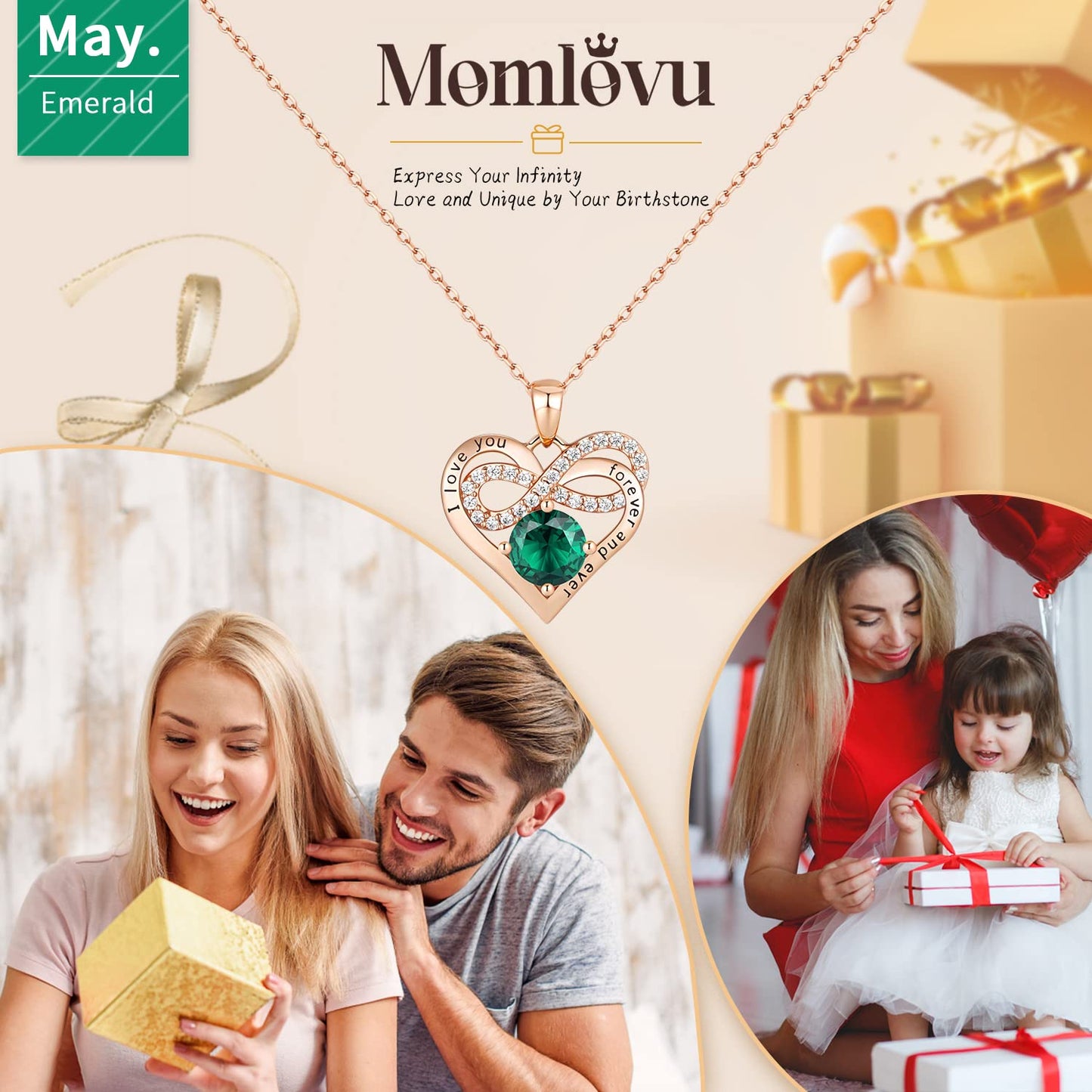 Momlovu Birthstone Necklaces for Women - Infinity Heart necklaces 925 Sterling Silver with 2 Carat (8MM) CZ Diamond, Mothers Day Christmas Birthday Wedding Jewelry Gifts for Women Wife Girls Her