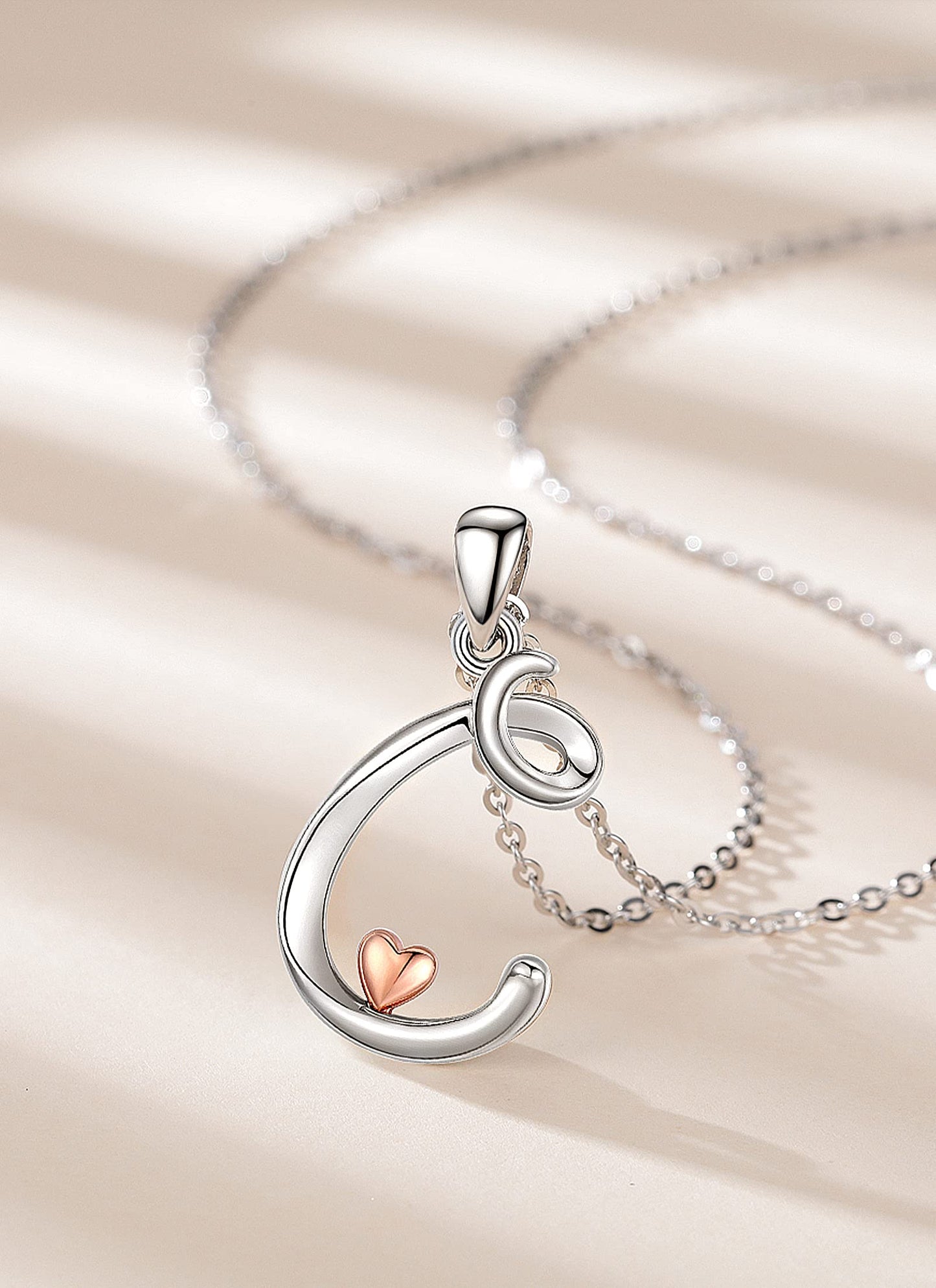 CELESTIA Sterling Silver Initial Necklaces 26 Letter Pendant with Rose Gold Heart - 18 Inch Chain