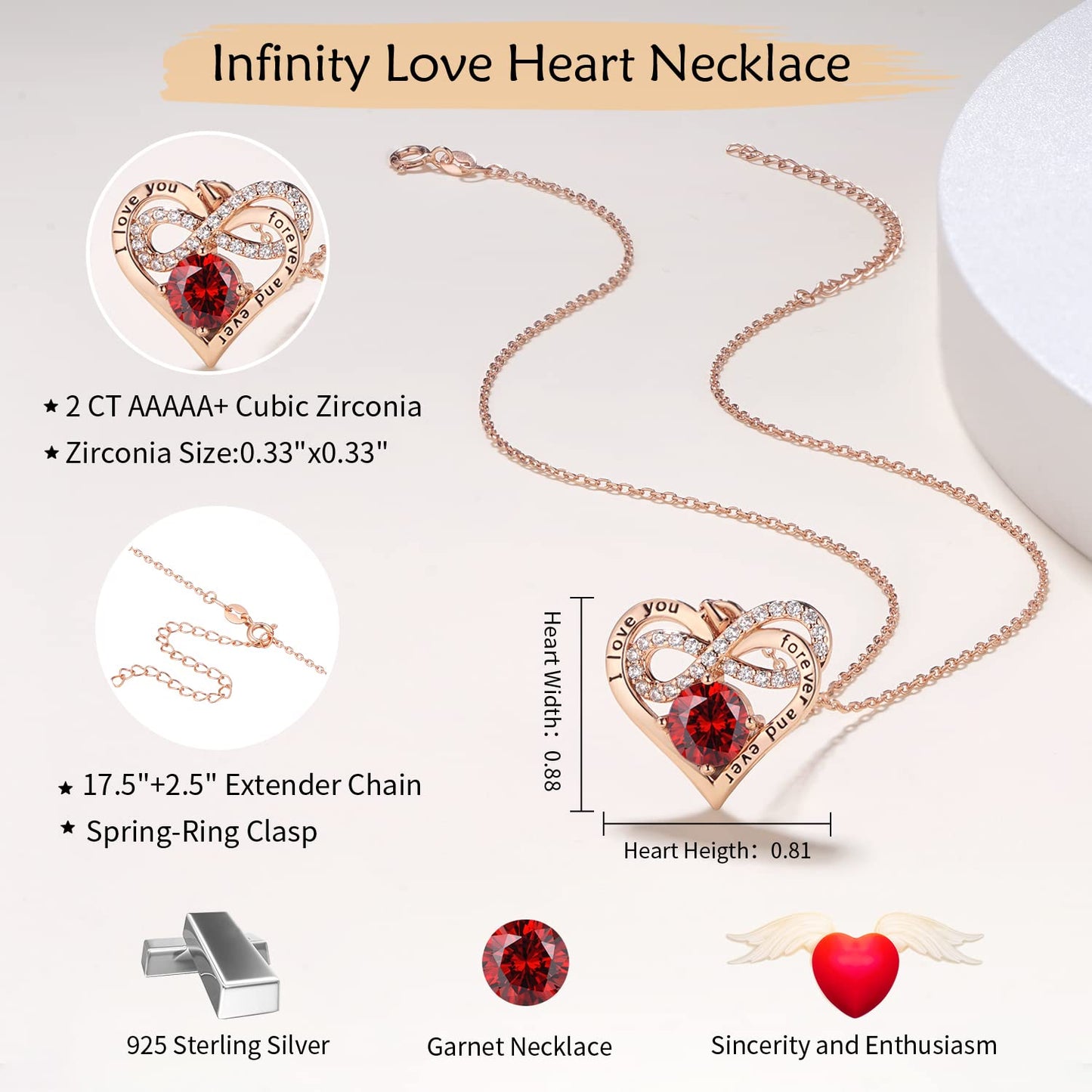 Momlovu Birthstone Necklaces for Women - Infinity Heart necklaces 925 Sterling Silver with 2 Carat (8MM) CZ Diamond, Mothers Day Christmas Birthday Wedding Jewelry Gifts for Women Wife Girls Her