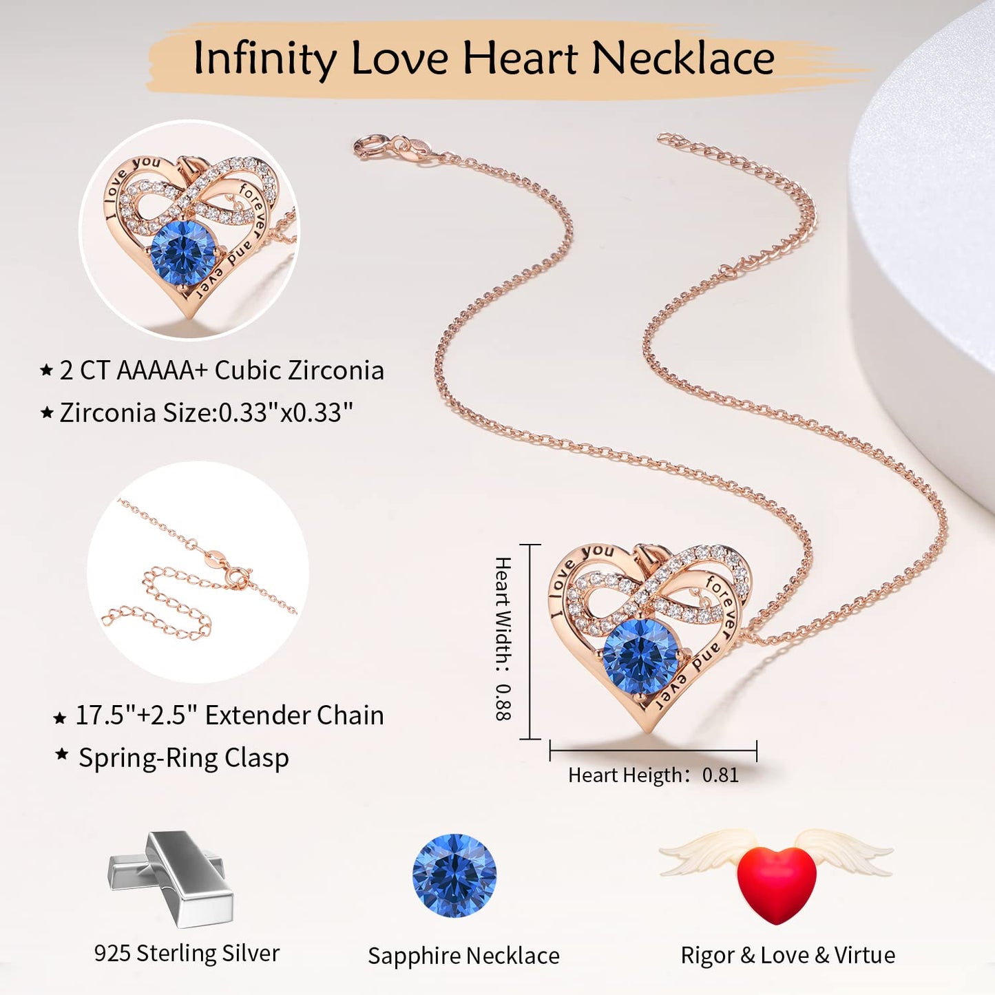 Momlovu Birthstone Necklaces for Women - Infinity Heart necklaces 925 Sterling Silver with 2 Carat (8MM) CZ Diamond, Mothers Day Christmas Birthday Wedding Jewelry Gifts for Women Wife Girls Her