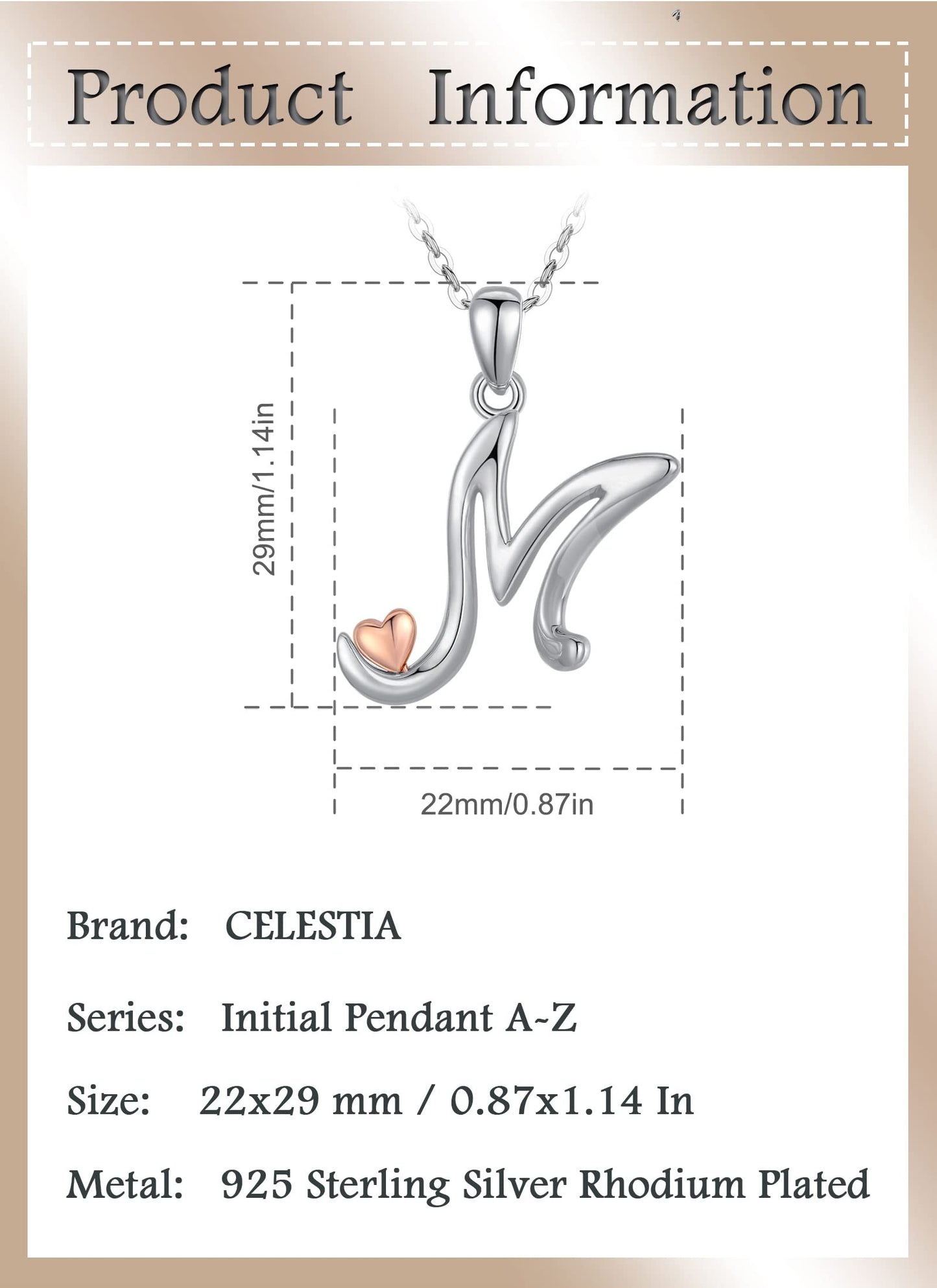 CELESTIA Sterling Silver Initial Necklaces 26 Letter Pendant with Rose Gold Heart - 18 Inch Chain