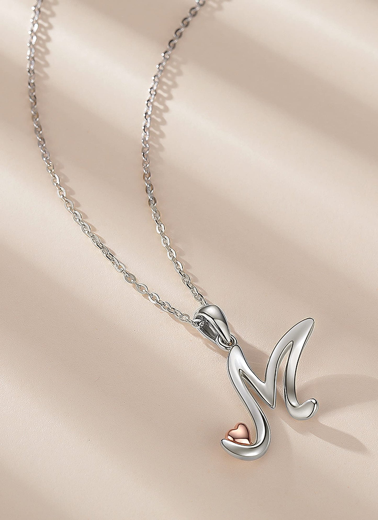 CELESTIA Sterling Silver Initial Necklaces 26 Letter Pendant with Rose Gold Heart - 18 Inch Chain