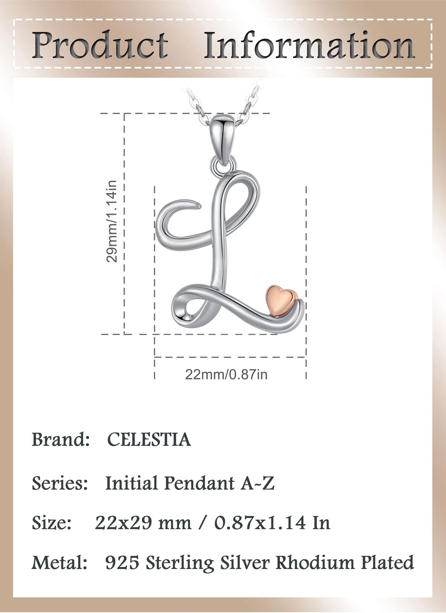 CELESTIA Sterling Silver Initial Necklaces 26 Letter Pendant with Rose Gold Heart - 18 Inch Chain