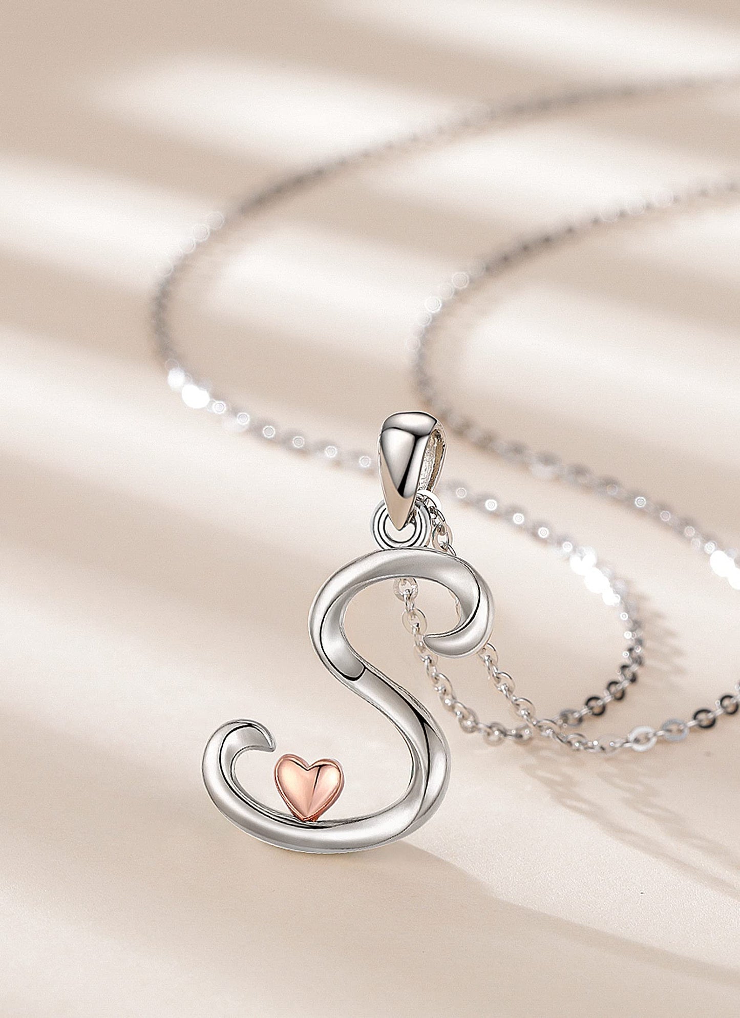 CELESTIA Sterling Silver Initial Necklaces 26 Letter Pendant with Rose Gold Heart - 18 Inch Chain