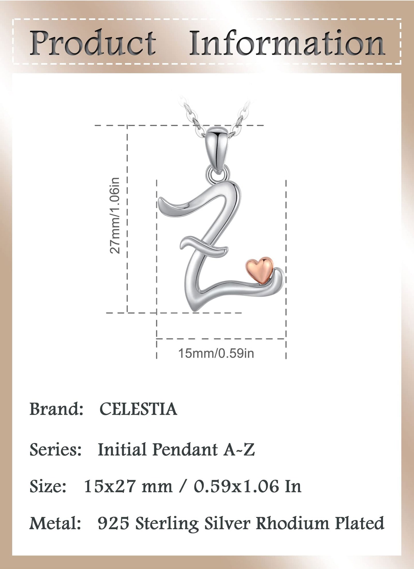 CELESTIA Sterling Silver Initial Necklaces 26 Letter Pendant with Rose Gold Heart - 18 Inch Chain