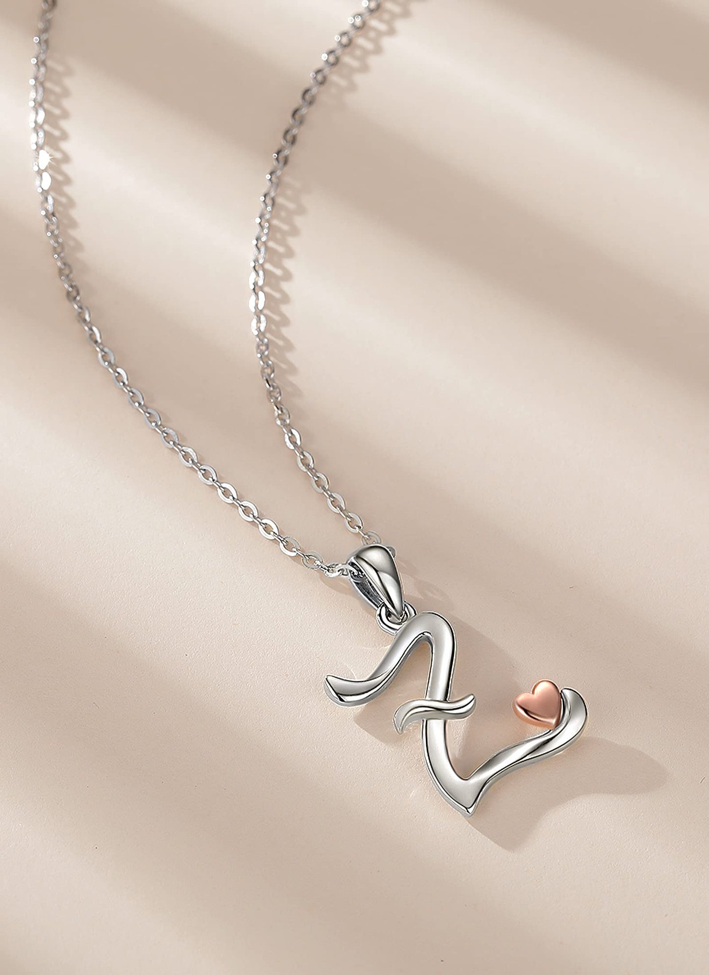 CELESTIA Sterling Silver Initial Necklaces 26 Letter Pendant with Rose Gold Heart - 18 Inch Chain