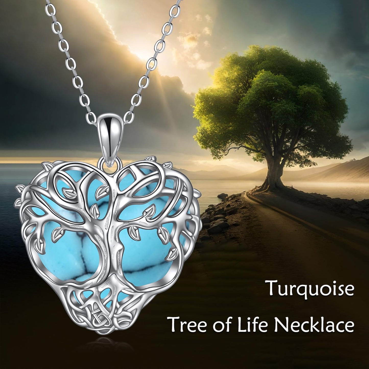 CRMAD Tree of Life Necklace Jewelry Sterling Silver Celtic Moonstone/Turquoise Pandant Gifts for Women