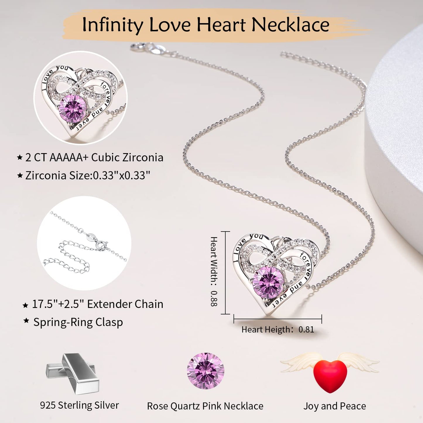 Momlovu Birthstone Necklaces for Women - Infinity Heart necklaces 925 Sterling Silver with 2 Carat (8MM) CZ Diamond, Mothers Day Christmas Birthday Wedding Jewelry Gifts for Women Wife Girls Her