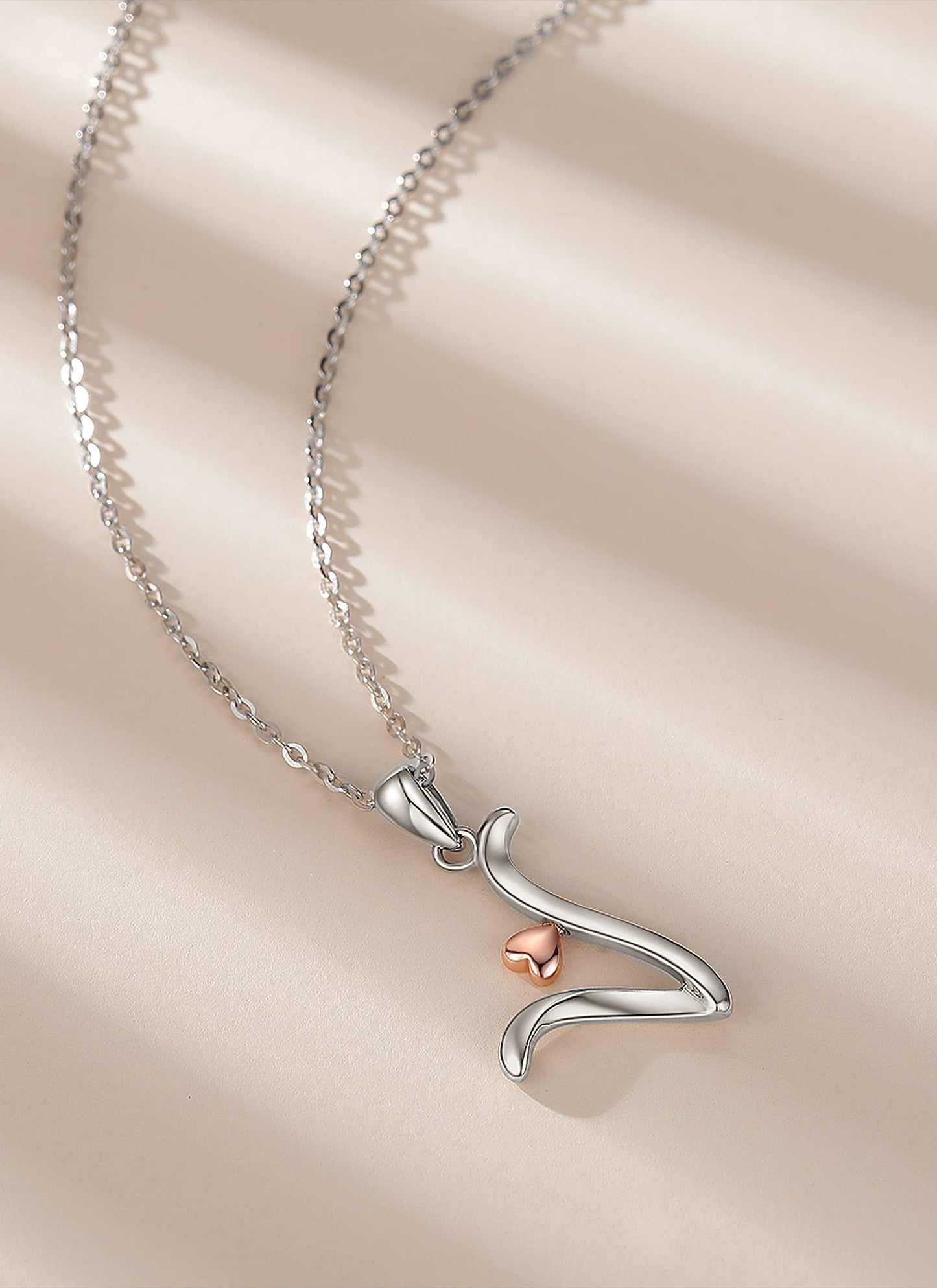 CELESTIA Sterling Silver Initial Necklaces 26 Letter Pendant with Rose Gold Heart - 18 Inch Chain