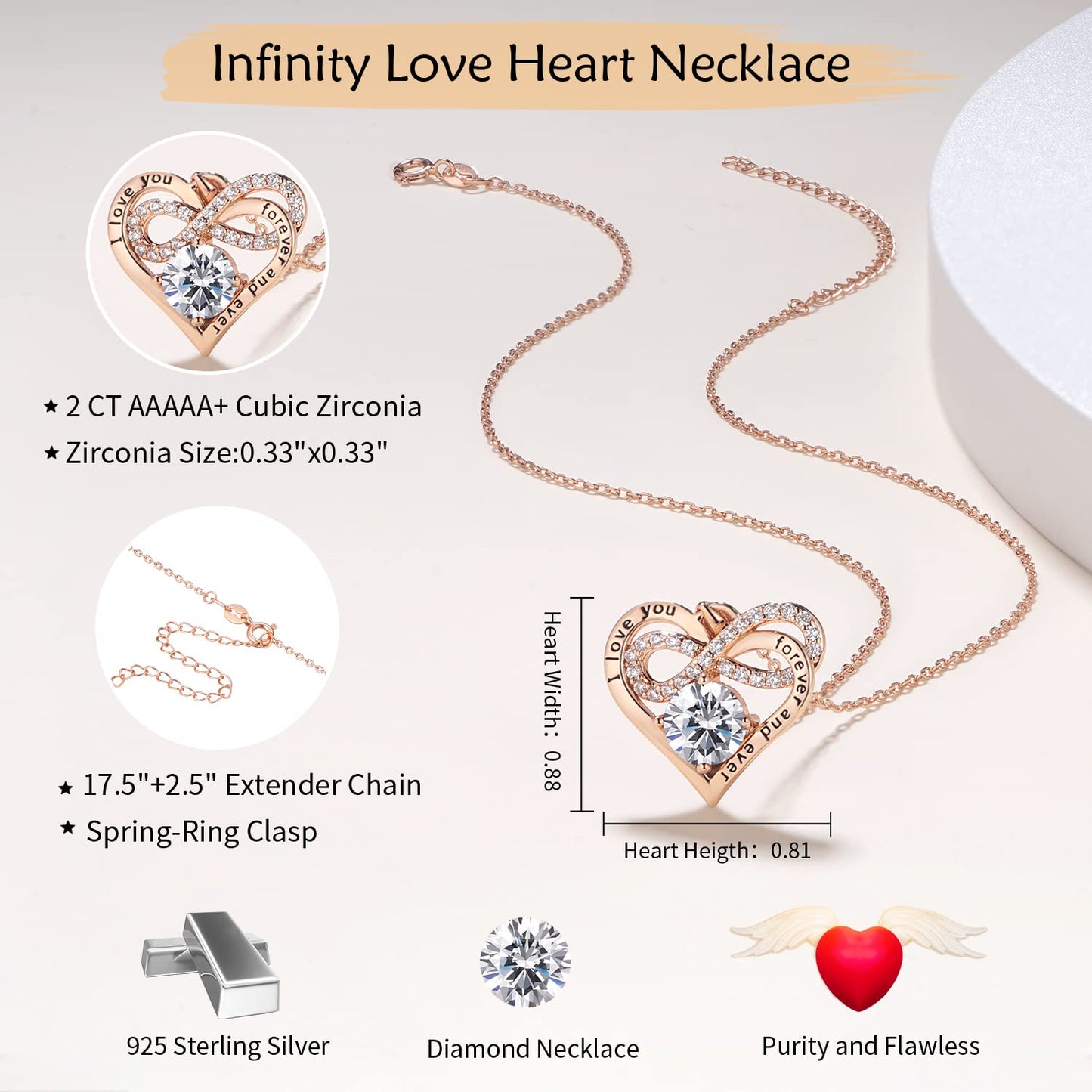 Momlovu Birthstone Necklaces for Women - Infinity Heart necklaces 925 Sterling Silver with 2 Carat (8MM) CZ Diamond, Mothers Day Christmas Birthday Wedding Jewelry Gifts for Women Wife Girls Her