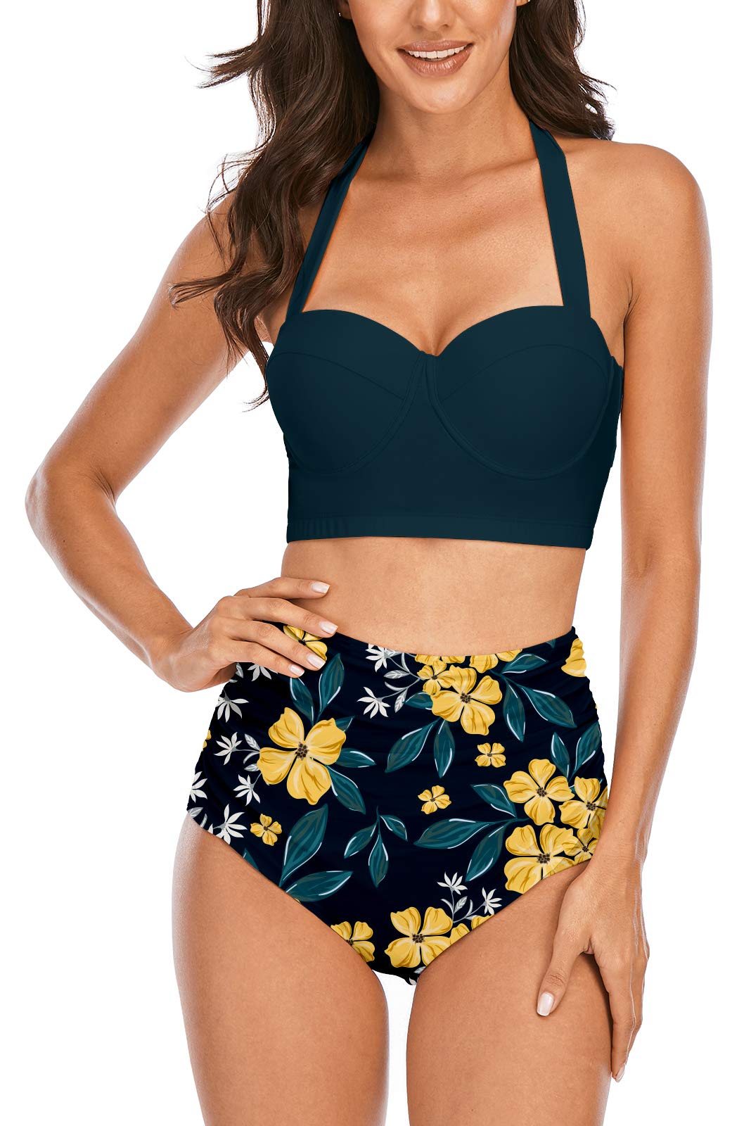 KISSMODA Womens Floral Printed High Waisted Bikini Set Tummy Control Bathing Suit Swimsuit