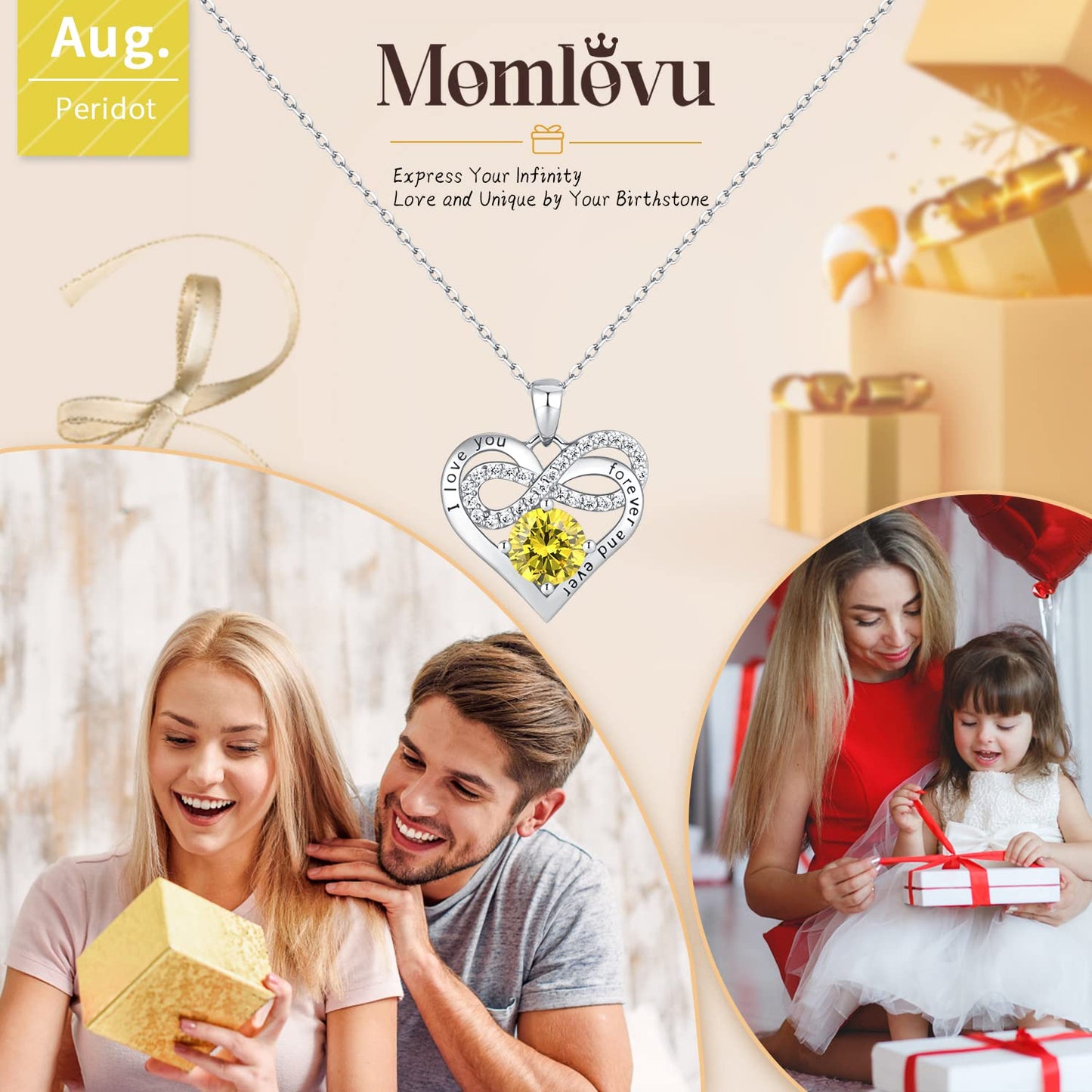 Momlovu Birthstone Necklaces for Women - Infinity Heart necklaces 925 Sterling Silver with 2 Carat (8MM) CZ Diamond, Mothers Day Christmas Birthday Wedding Jewelry Gifts for Women Wife Girls Her