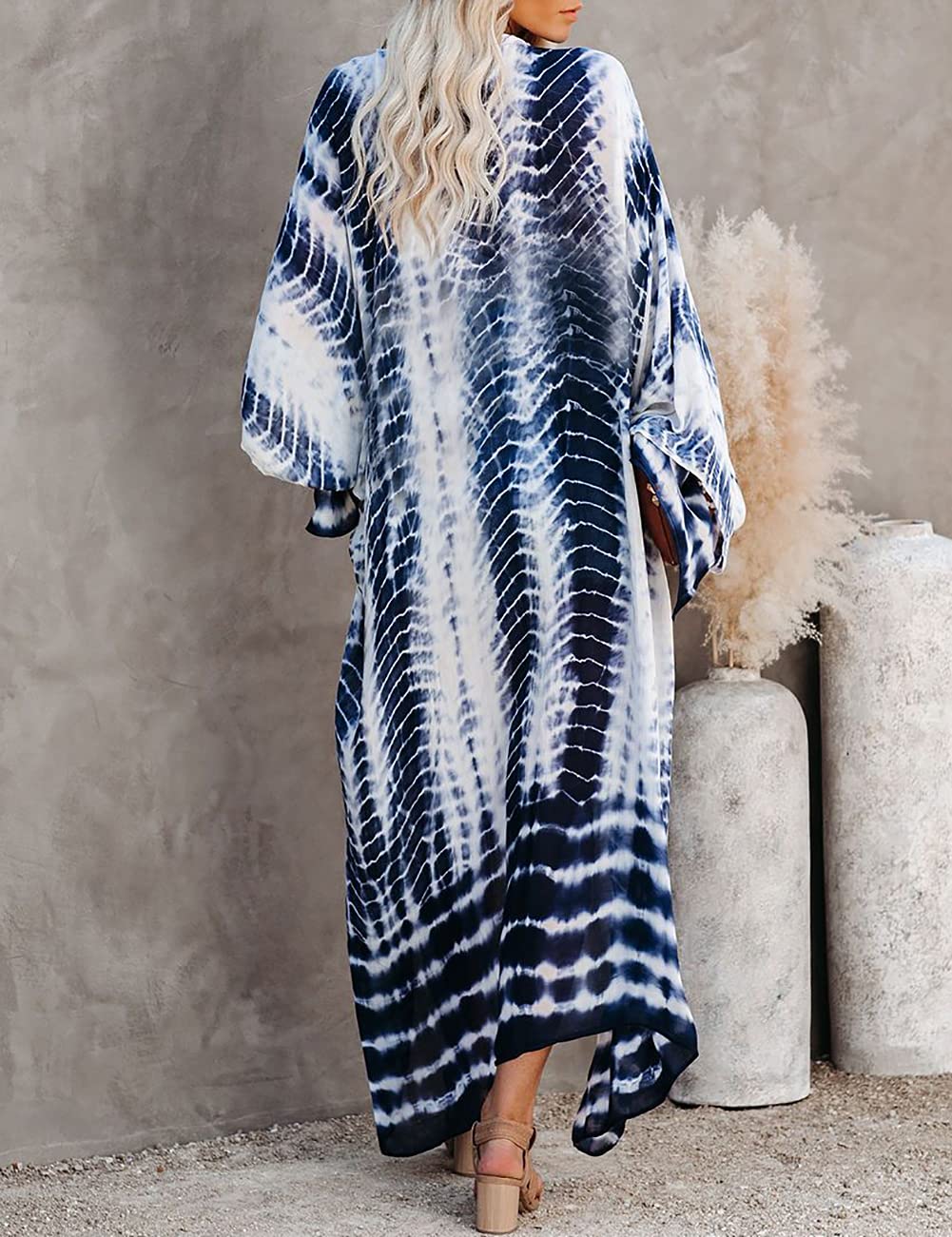 Bsubseach Stylish Tie Dye Open Front Long Kimono Swimsuit Cover up for Women