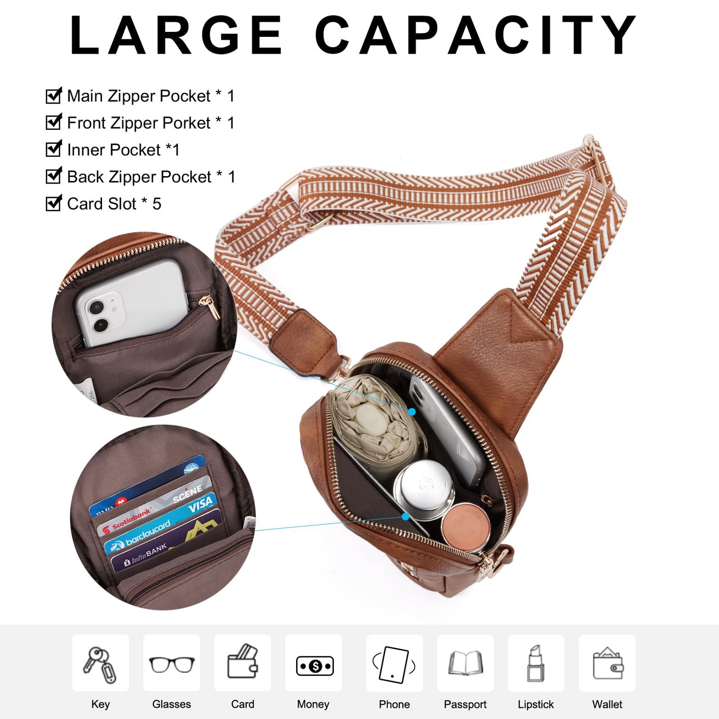 CLUCI Sling Bag Women Fanny Pack Crossbody Bag for Women Fashion Waist Pack with Guitar Strap Beige with Brown