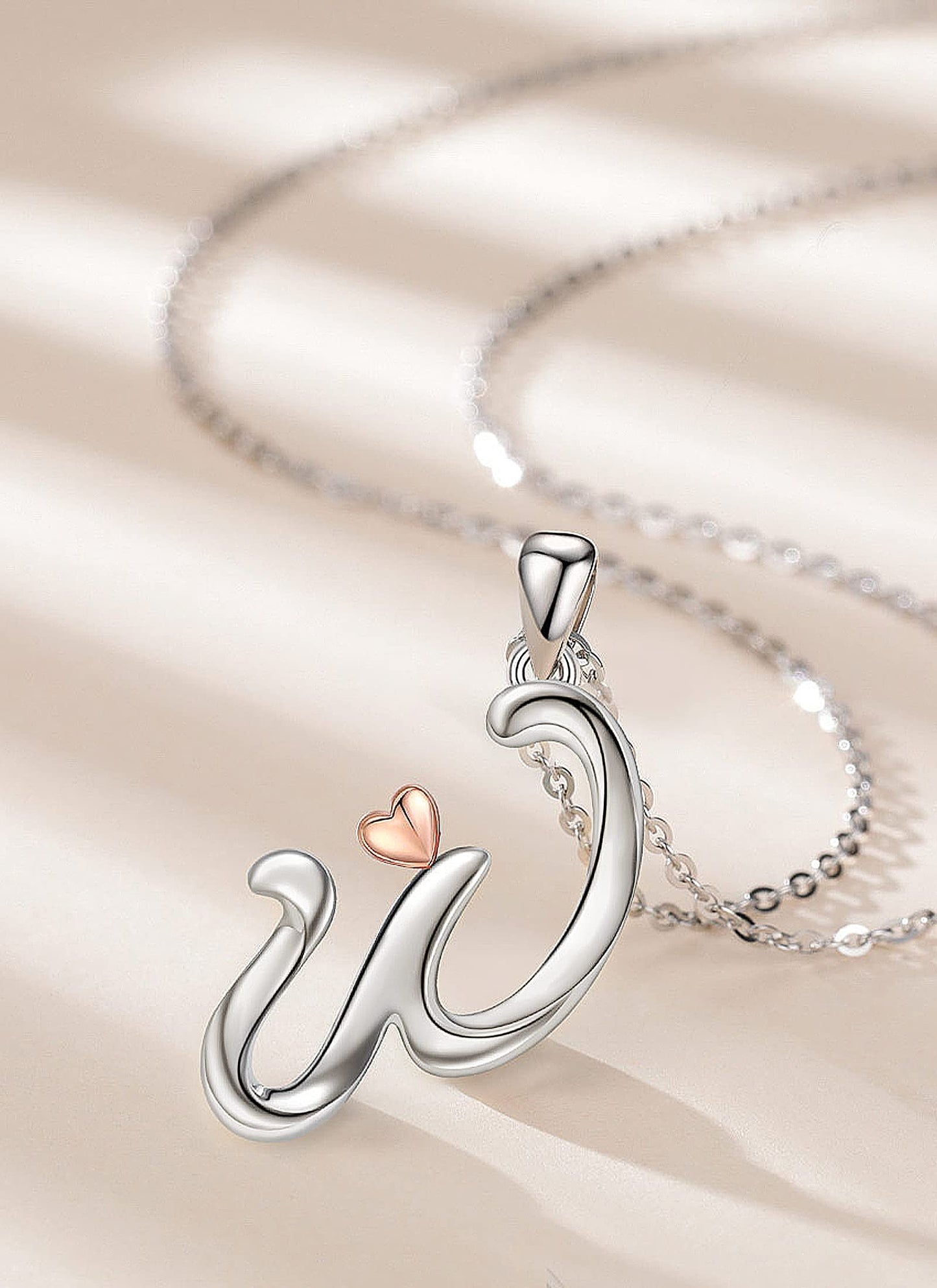 CELESTIA Sterling Silver Initial Necklaces 26 Letter Pendant with Rose Gold Heart - 18 Inch Chain