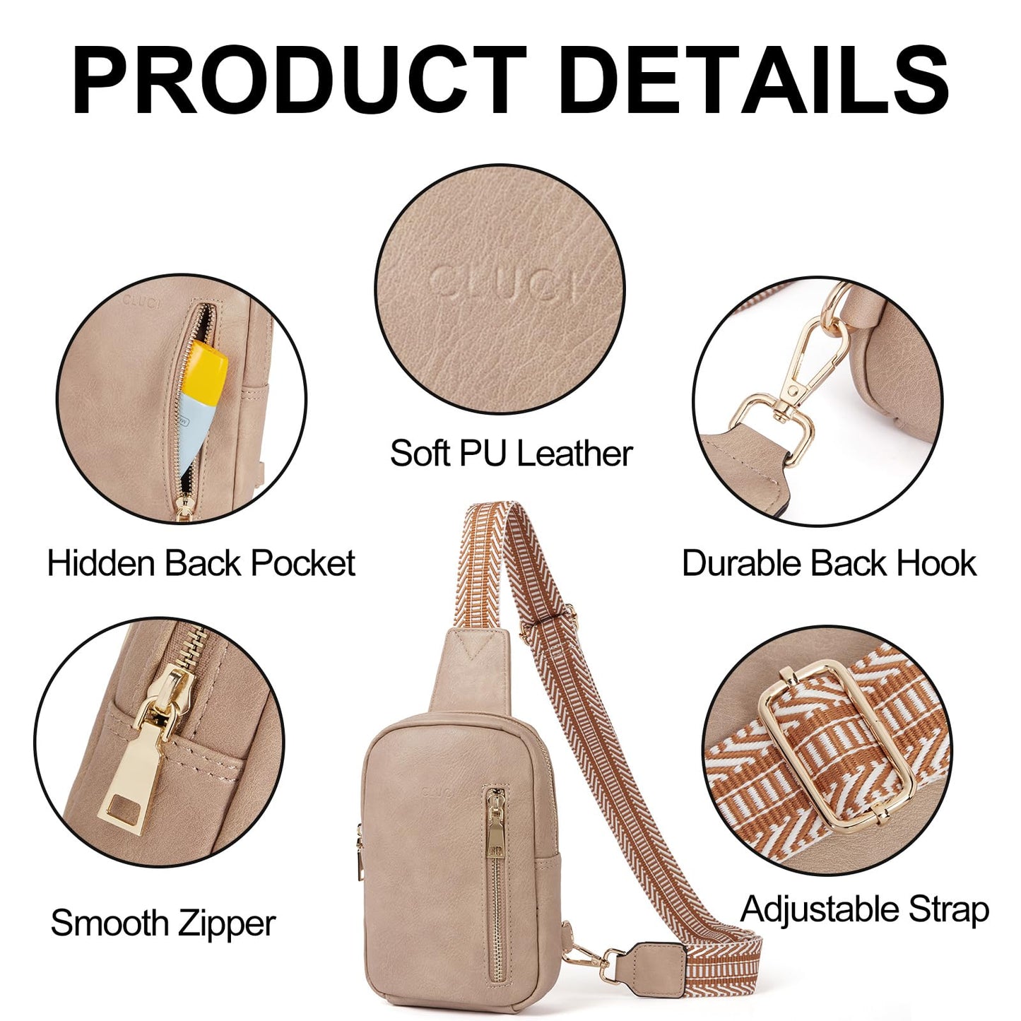 CLUCI Sling Bag Women Fanny Pack Crossbody Bag for Women Fashion Waist Pack with Guitar Strap Beige with Brown