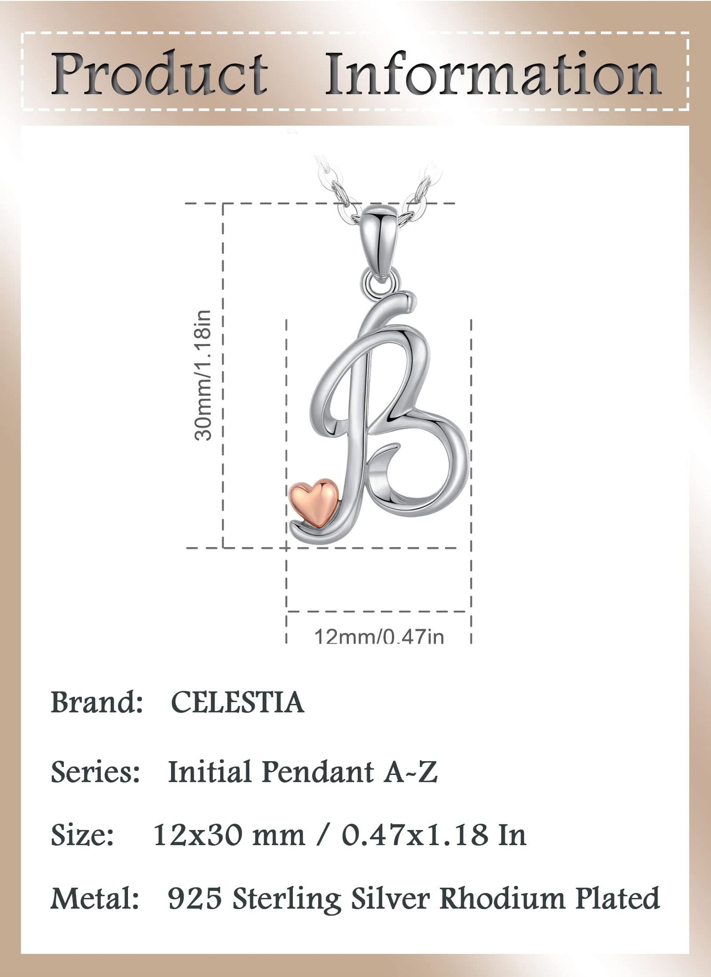 CELESTIA Sterling Silver Initial Necklaces 26 Letter Pendant with Rose Gold Heart - 18 Inch Chain