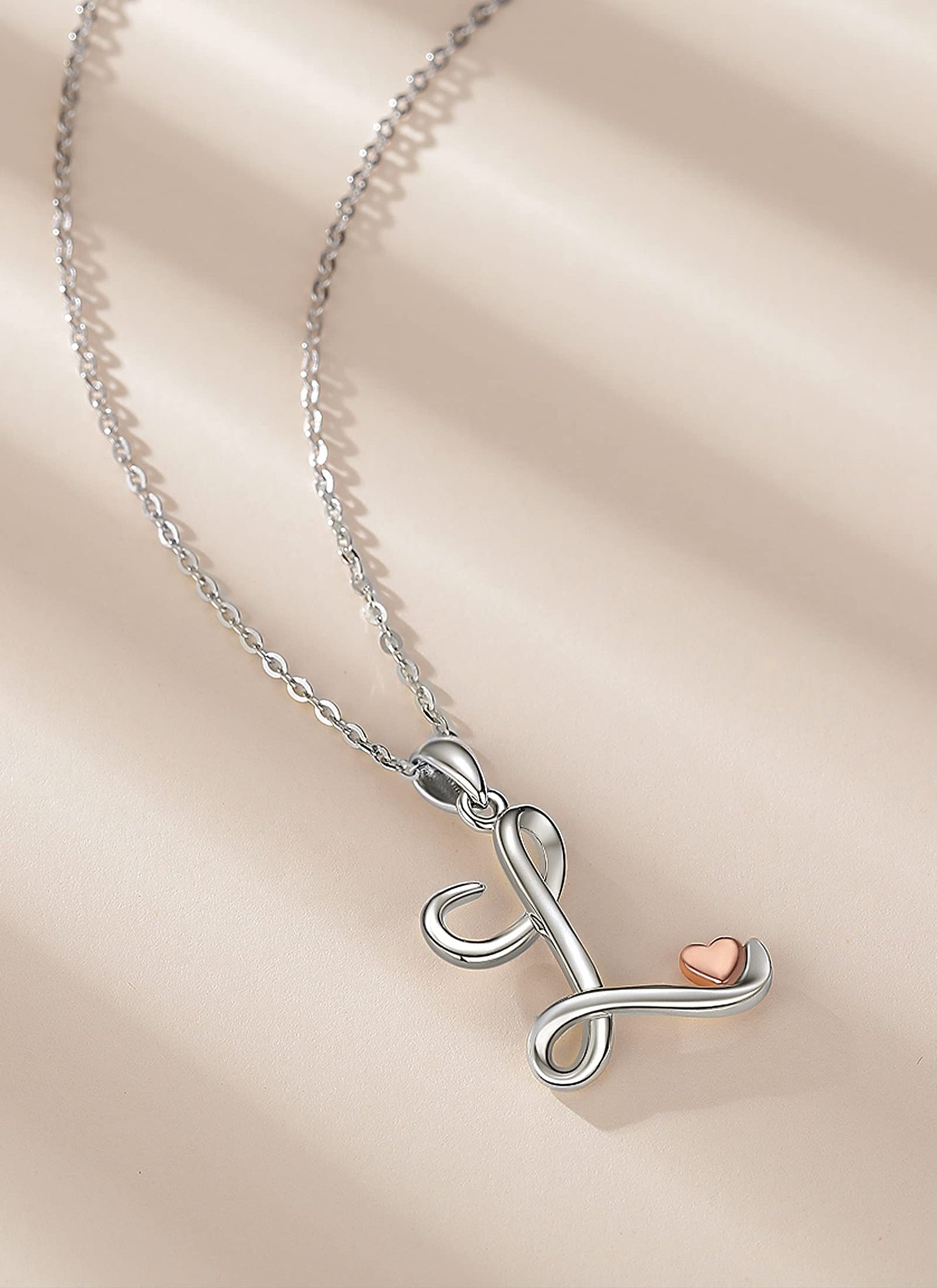 CELESTIA Sterling Silver Initial Necklaces 26 Letter Pendant with Rose Gold Heart - 18 Inch Chain