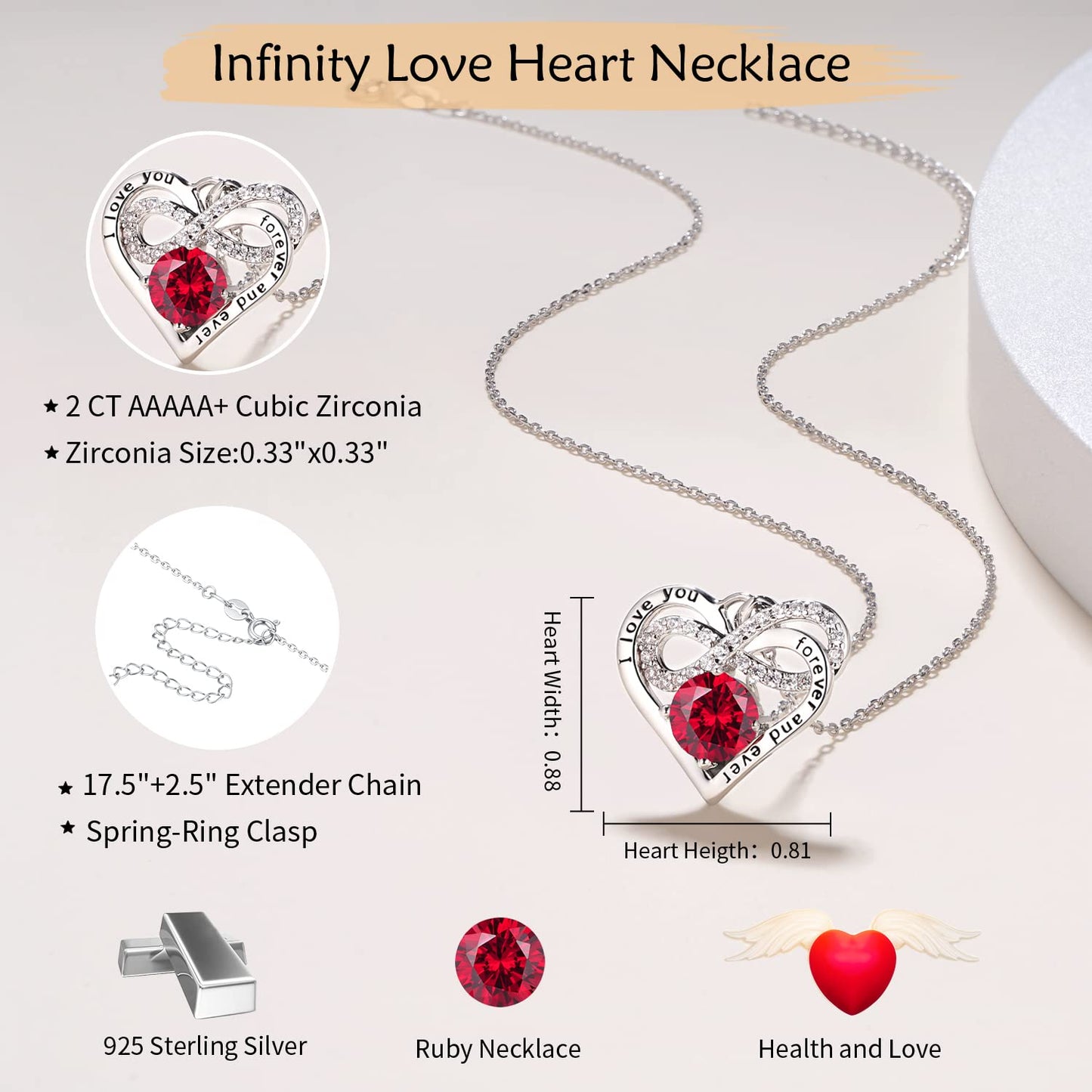 Momlovu Birthstone Necklaces for Women - Infinity Heart necklaces 925 Sterling Silver with 2 Carat (8MM) CZ Diamond, Mothers Day Christmas Birthday Wedding Jewelry Gifts for Women Wife Girls Her