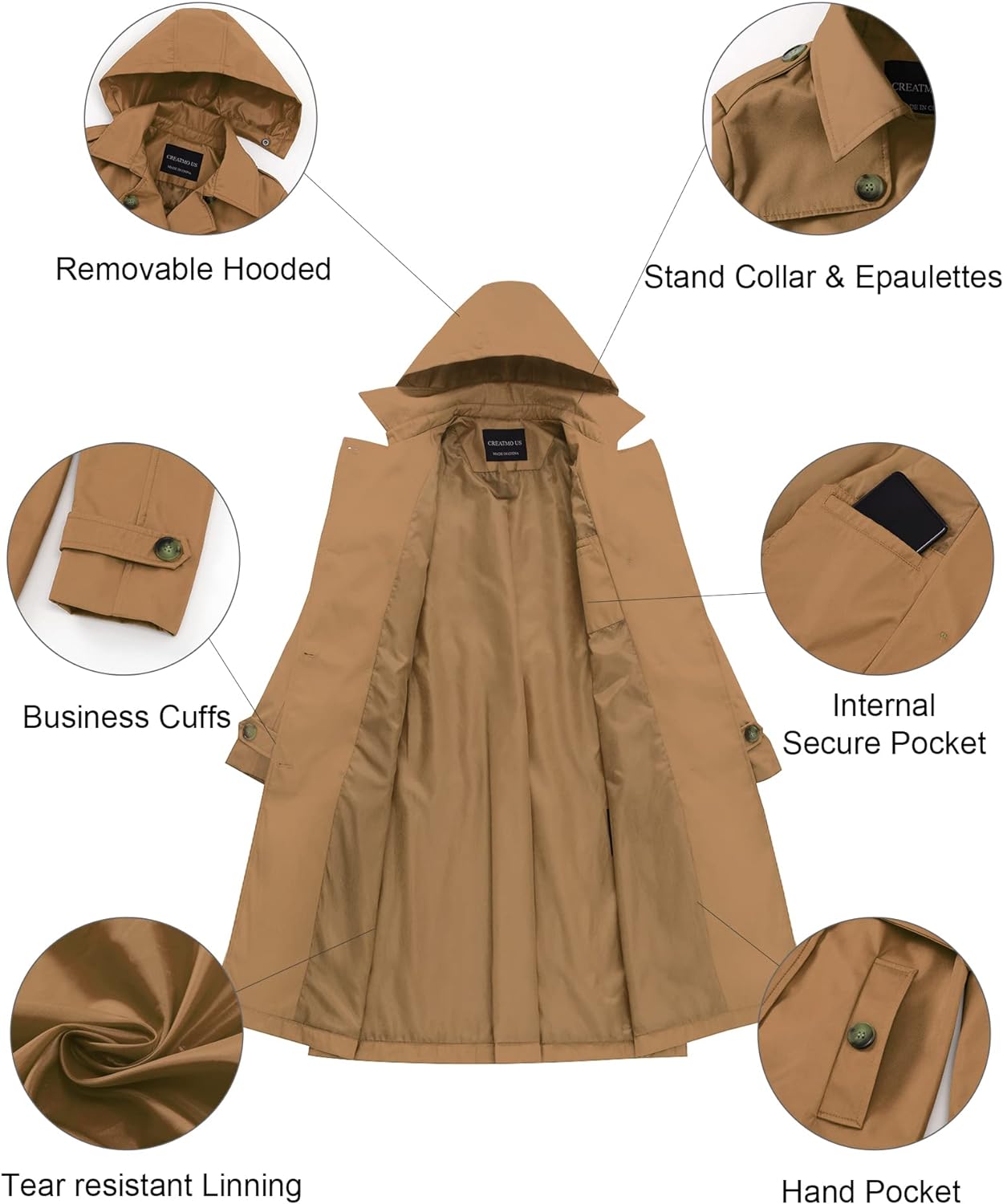 CREATMO US Women's Long Trench Coat Double-Breasted Classic Lapel Overcoat Belted Slim Outerwear Coat with Detachable Hood