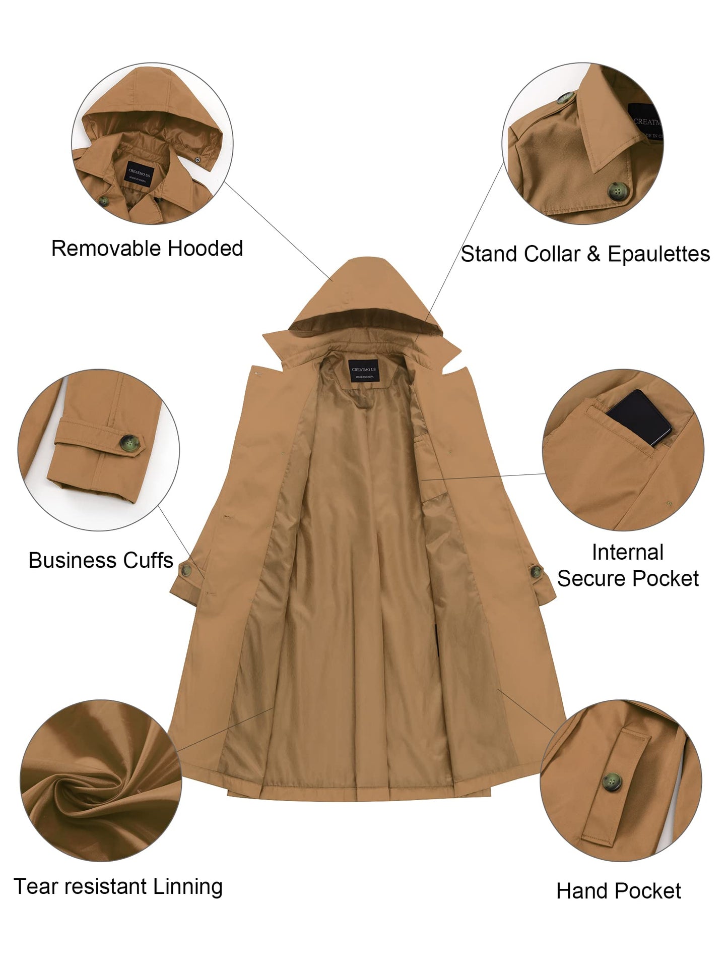 CREATMO US Women's Long Trench Coat Double-Breasted Classic Lapel Overcoat Belted Slim Outerwear Coat with Detachable Hood