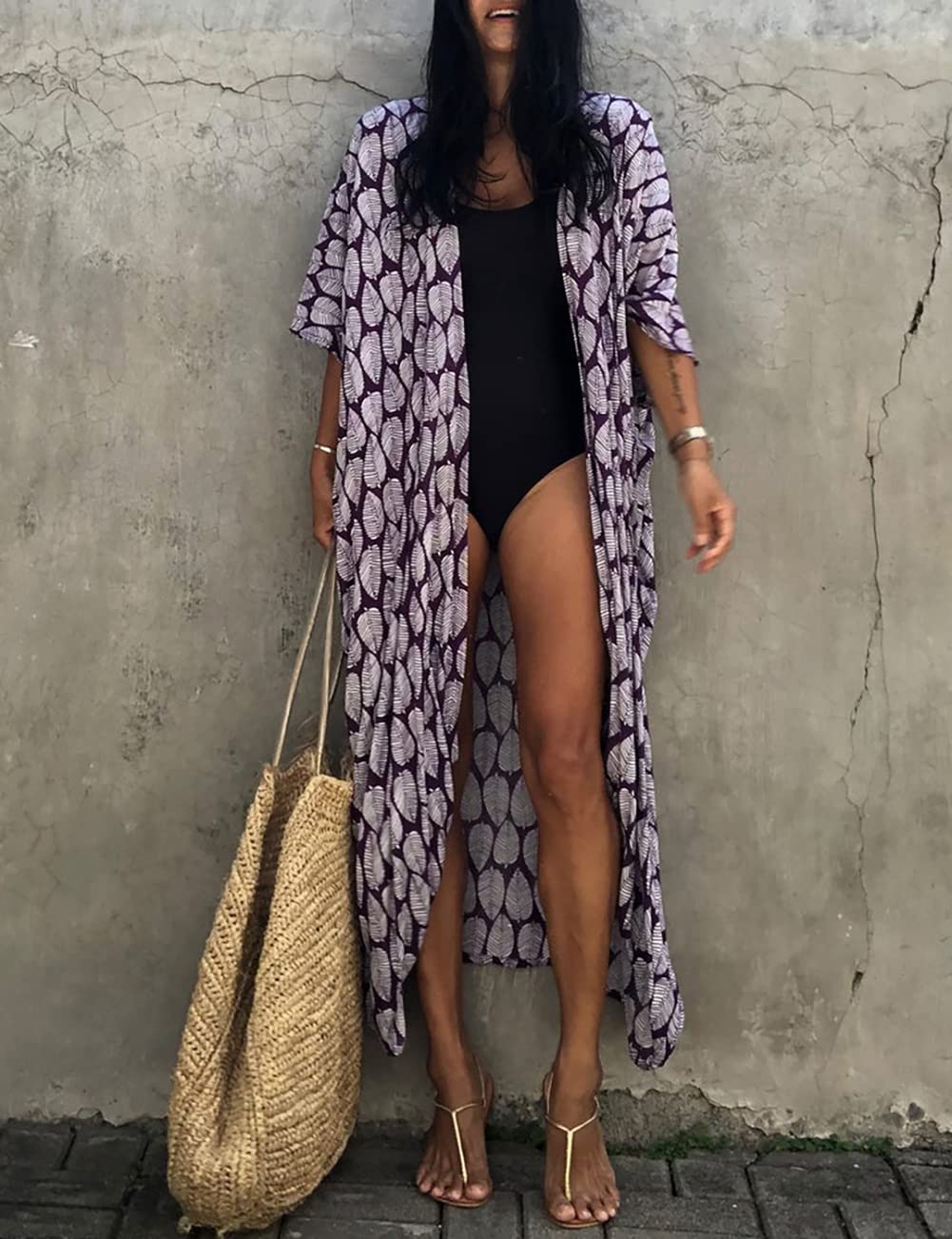 Bsubseach Stylish Tie Dye Open Front Long Kimono Swimsuit Cover up for Women