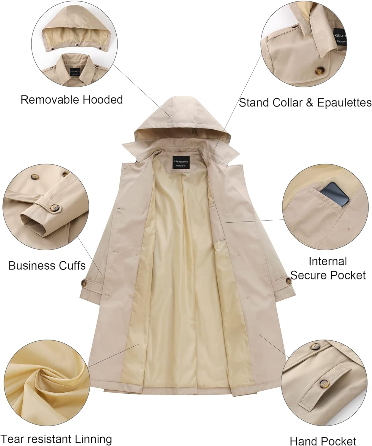 CREATMO US Women's Long Trench Coat Double-Breasted Classic Lapel Overcoat Belted Slim Outerwear Coat with Detachable Hood