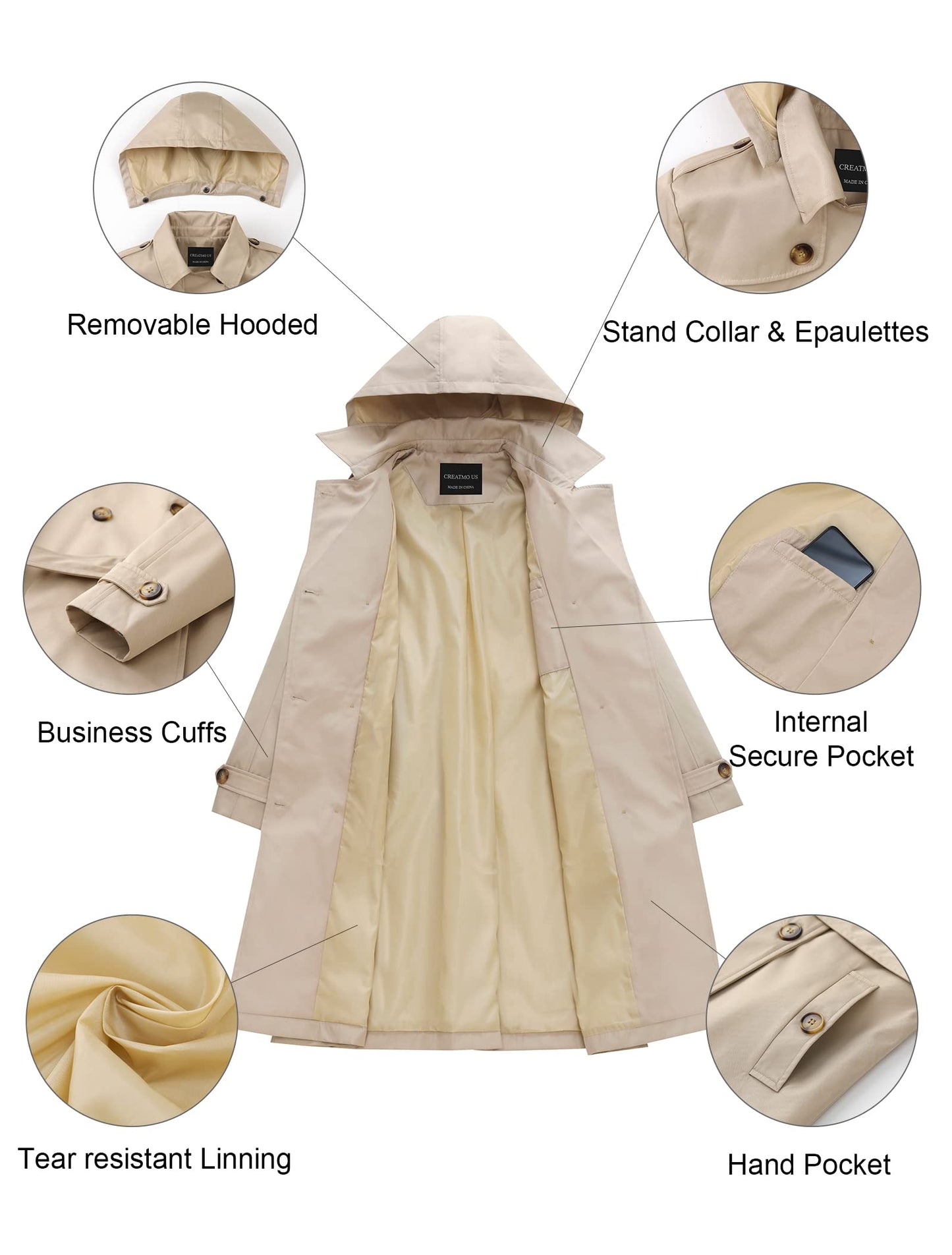 CREATMO US Women's Long Trench Coat Double-Breasted Classic Lapel Overcoat Belted Slim Outerwear Coat with Detachable Hood