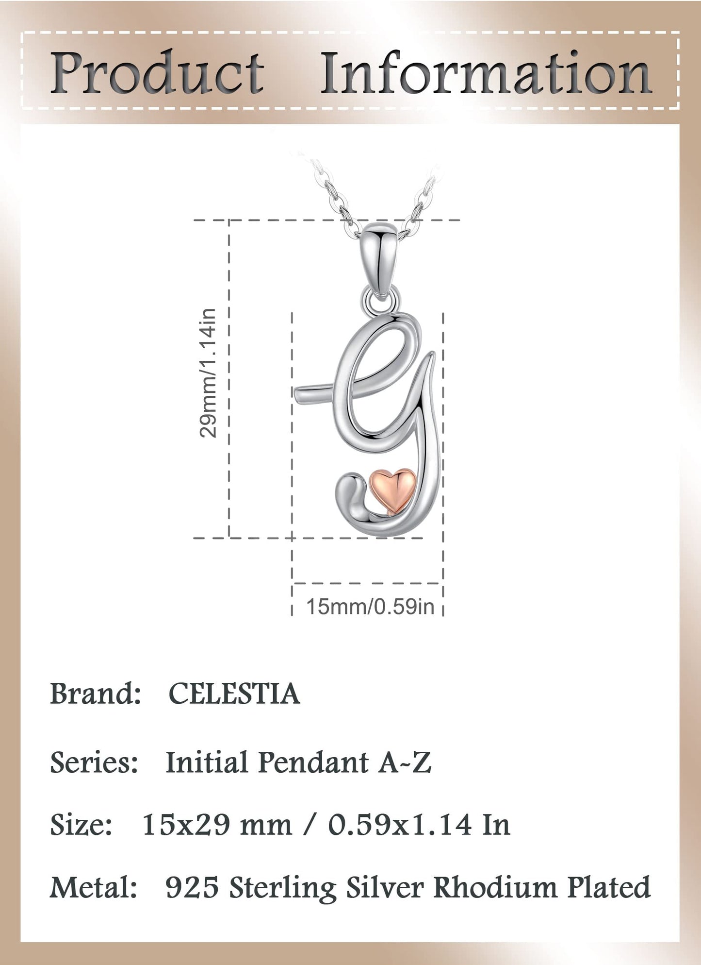 CELESTIA Sterling Silver Initial Necklaces 26 Letter Pendant with Rose Gold Heart - 18 Inch Chain