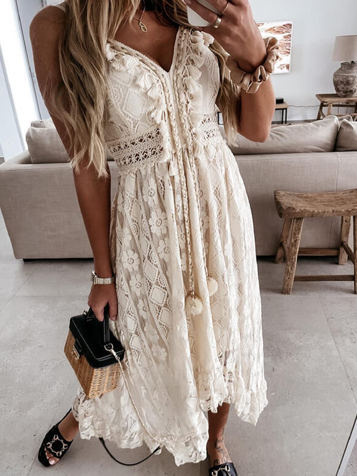 CUPSHE Women's Summer Slip Boho Maxi Dress Lace Up Tassel V-Neck Flare Ruffle Beach Dresses White