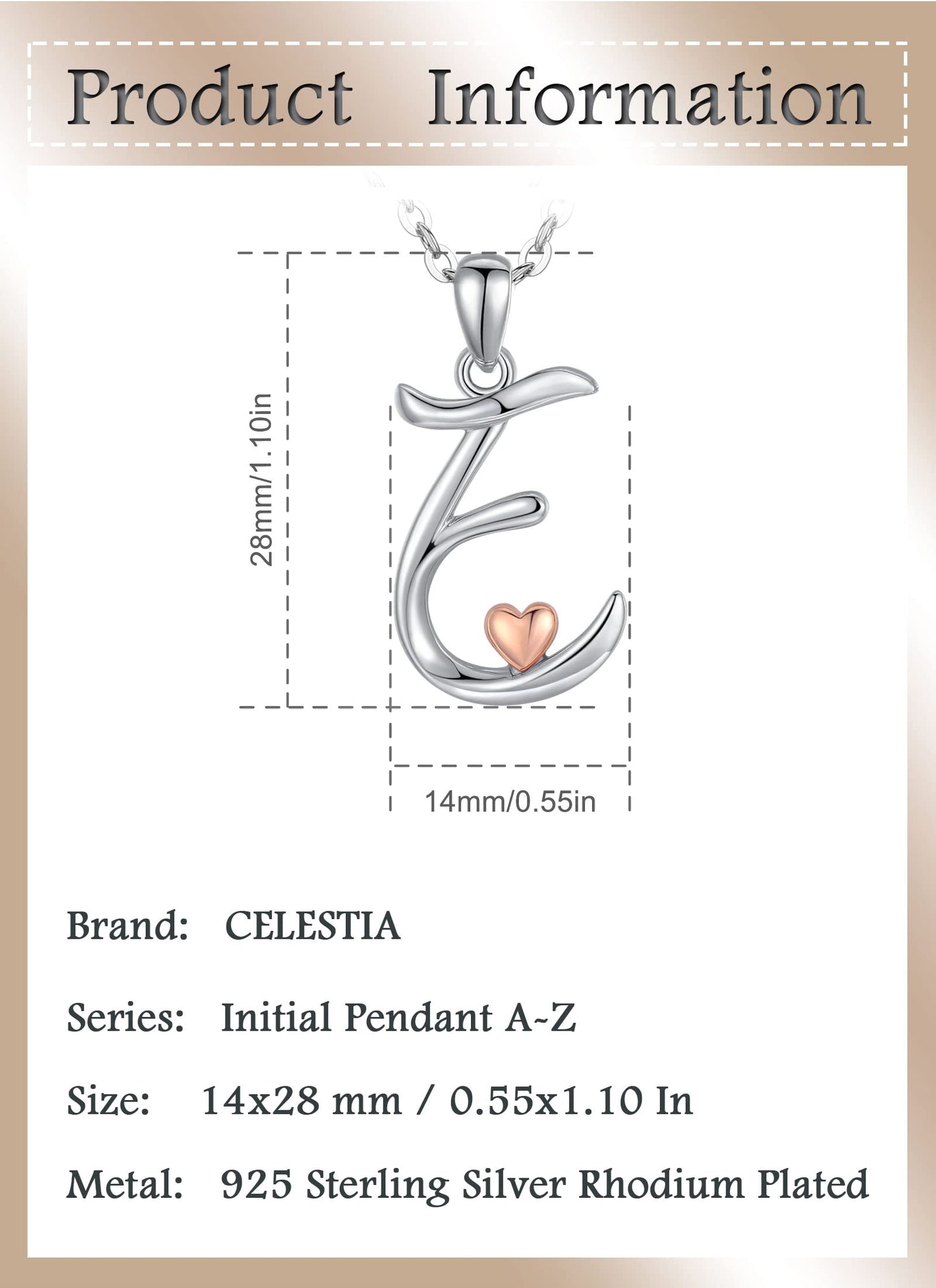 CELESTIA Sterling Silver Initial Necklaces 26 Letter Pendant with Rose Gold Heart - 18 Inch Chain