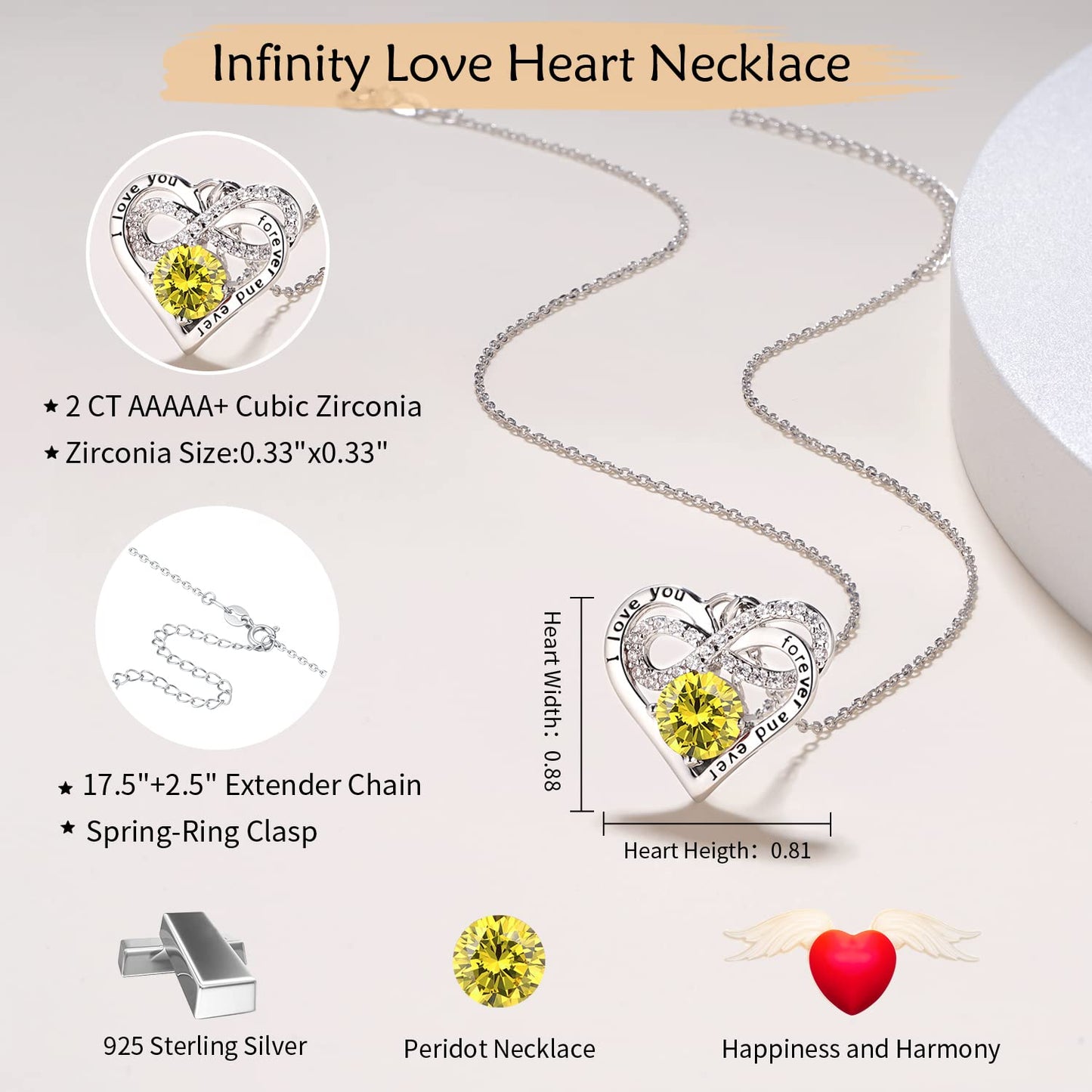 Momlovu Birthstone Necklaces for Women - Infinity Heart necklaces 925 Sterling Silver with 2 Carat (8MM) CZ Diamond, Mothers Day Christmas Birthday Wedding Jewelry Gifts for Women Wife Girls Her