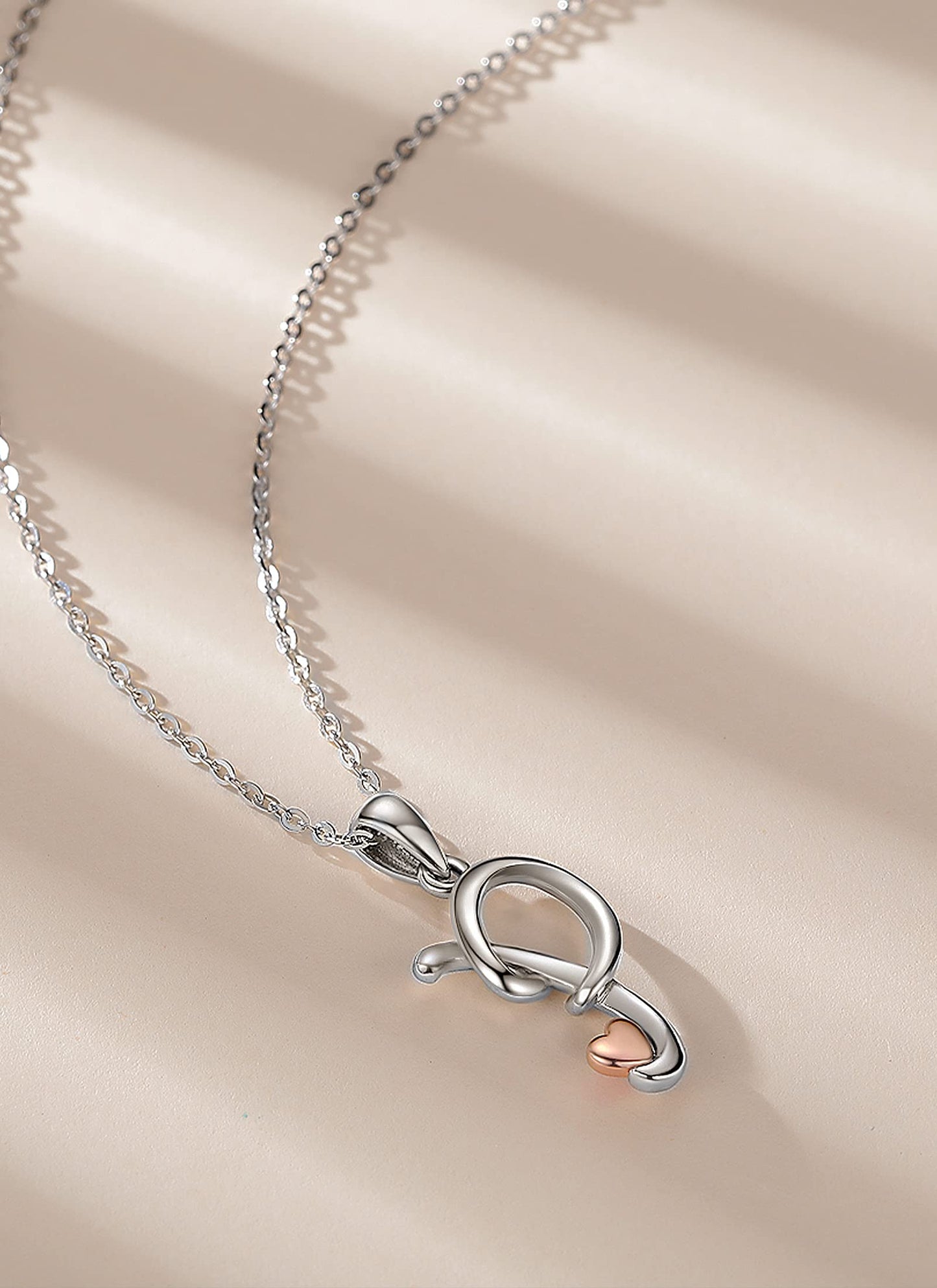 CELESTIA Sterling Silver Initial Necklaces 26 Letter Pendant with Rose Gold Heart - 18 Inch Chain